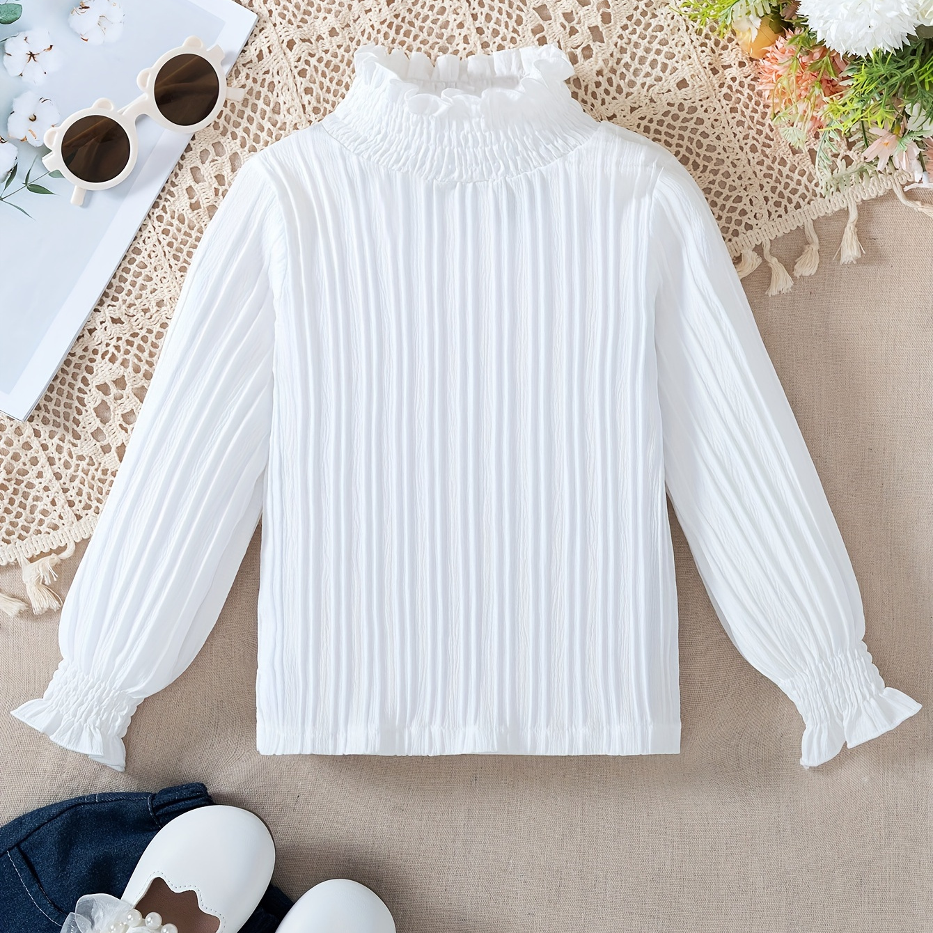 

Elegant High Neck Shirred Polyester Blouse For Youth, Solid Color Pleated Knit Top With Cuffs, Non-stretch Woven Fabric, Perfect For Spring/fall - Single Pack