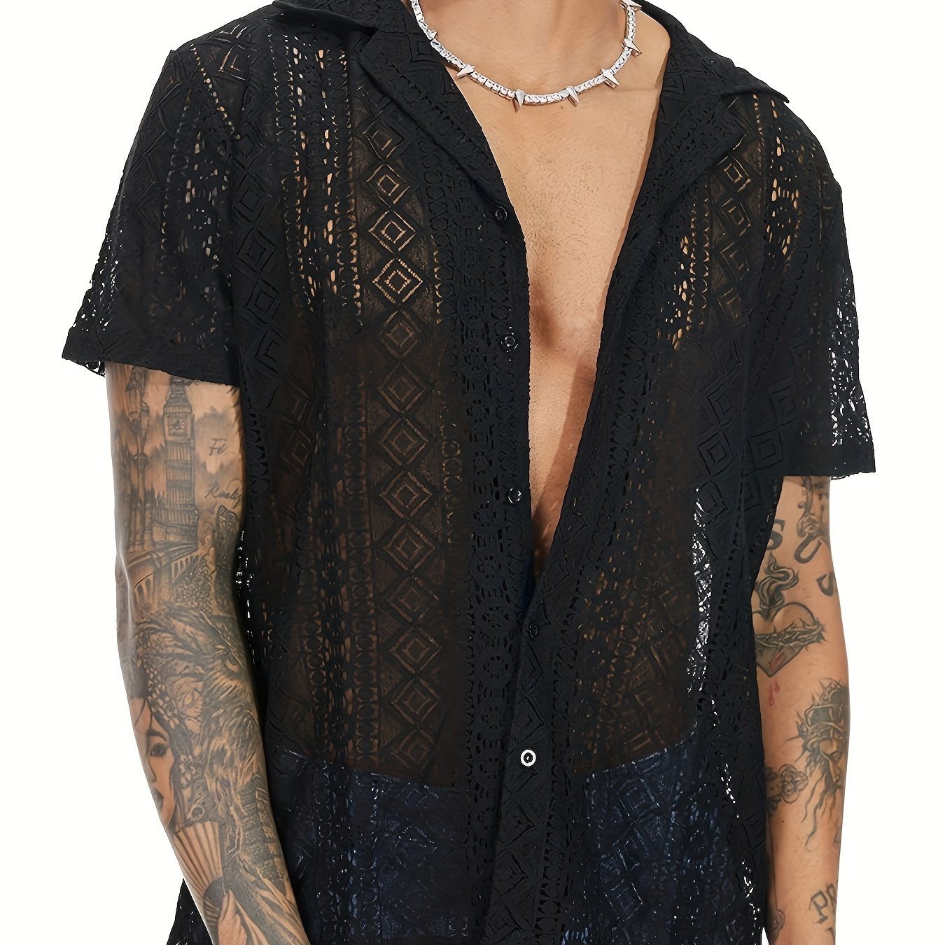 

Men's Summer Fashion Lace Short Sleeve Hooded Shirt, Chic Loose Comfortable Hawaiian Holiday T-shirt