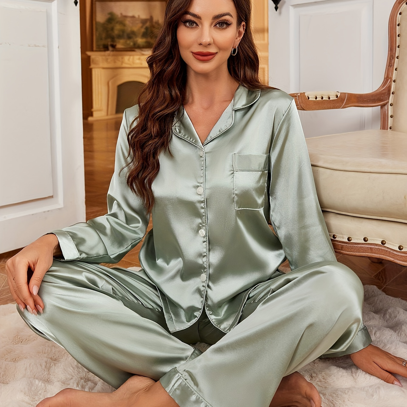 

Women's Luxurious Satin Pajama Set - Long Sleeve, Button- & Waist Pants With Pockets, Solid Color Loungewear For All