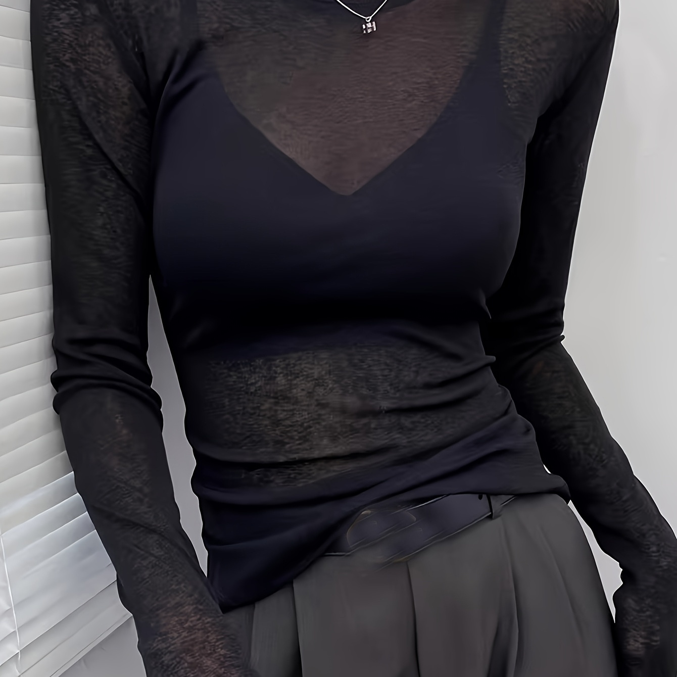 

Elegant Sheer Long Sleeve T-shirt For Women - Spring/autumn 2024 Collection, Round Neck, High Stretch Polyester & Spandex , Sexy Mesh Top, Machine Washable