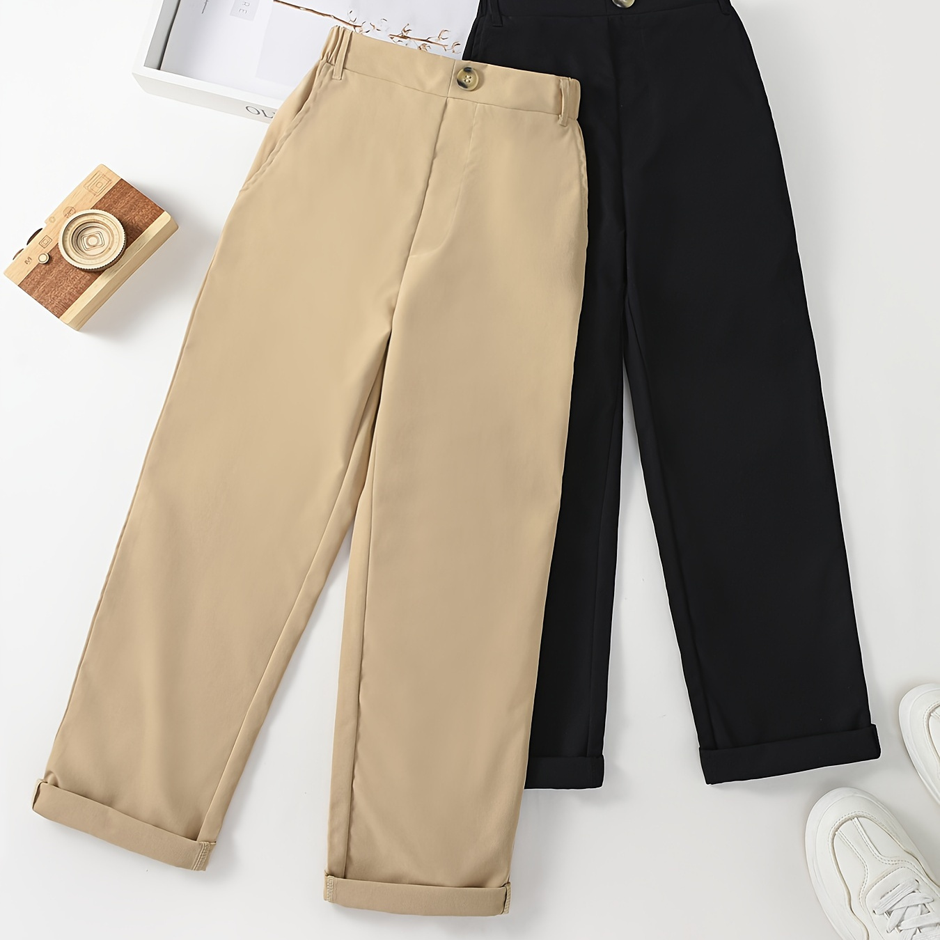 

2-pack Boys Preppy Style High Waist Straight Leg Solid Long Pants With Pocket