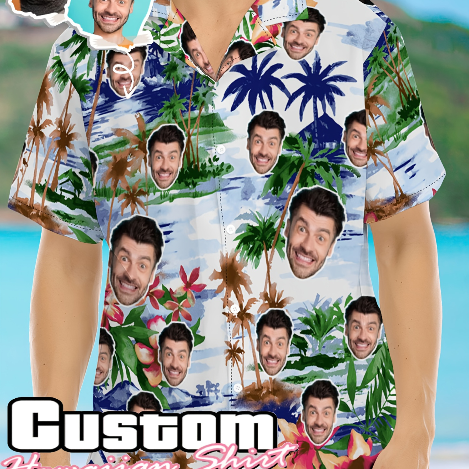 

Custom Face Photo Hawaiian Shirt For Men - Personalized Tropical Print, Casual Summer Button-up With Collar, Machine Washable