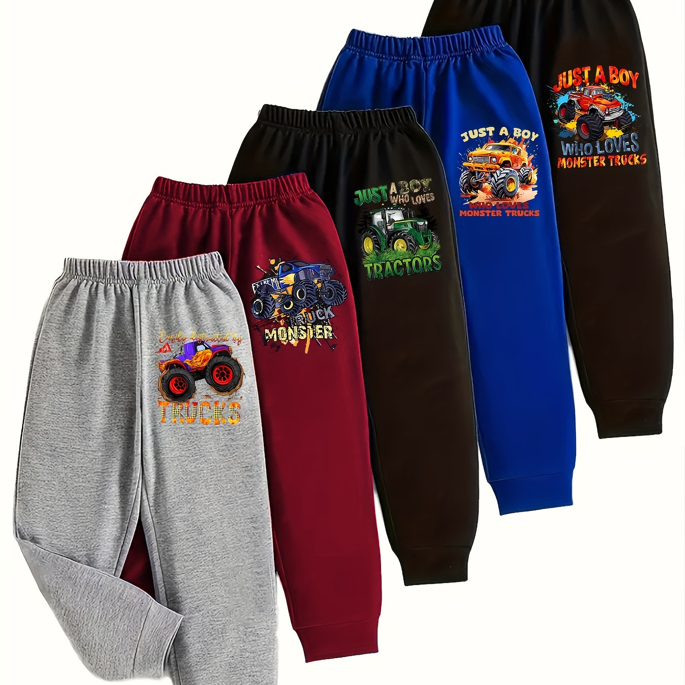 

5pcs Boys' Cool Cartoon Off-road Vehicle Print Joggers - Comfy Casual Sweatpants For Fall/winter, Machine Washable, Outdoor