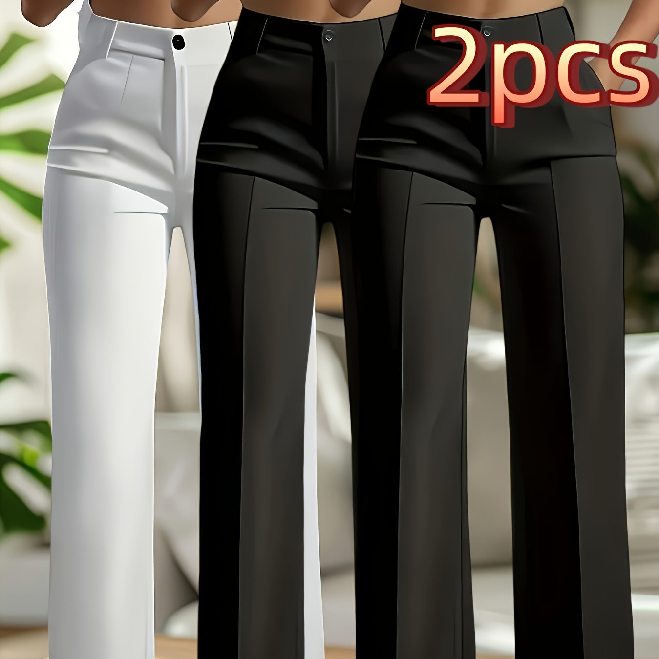 TEMU 2pcs Set Of Women's Elegant Solid Color Slanted Pocket Straight Leg Pants, Suit Pants, Women's Work Pants, Office Wear, Solid Color, Machine Washable Womens Clothes