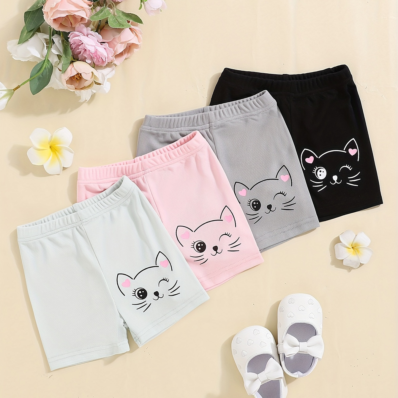 

4pcs Baby's Cartoon Cat Print Shorts, Casual Comfy Elastic Waist Bottoms, Infant & Toddler Girl's Clothing For Summer Spring