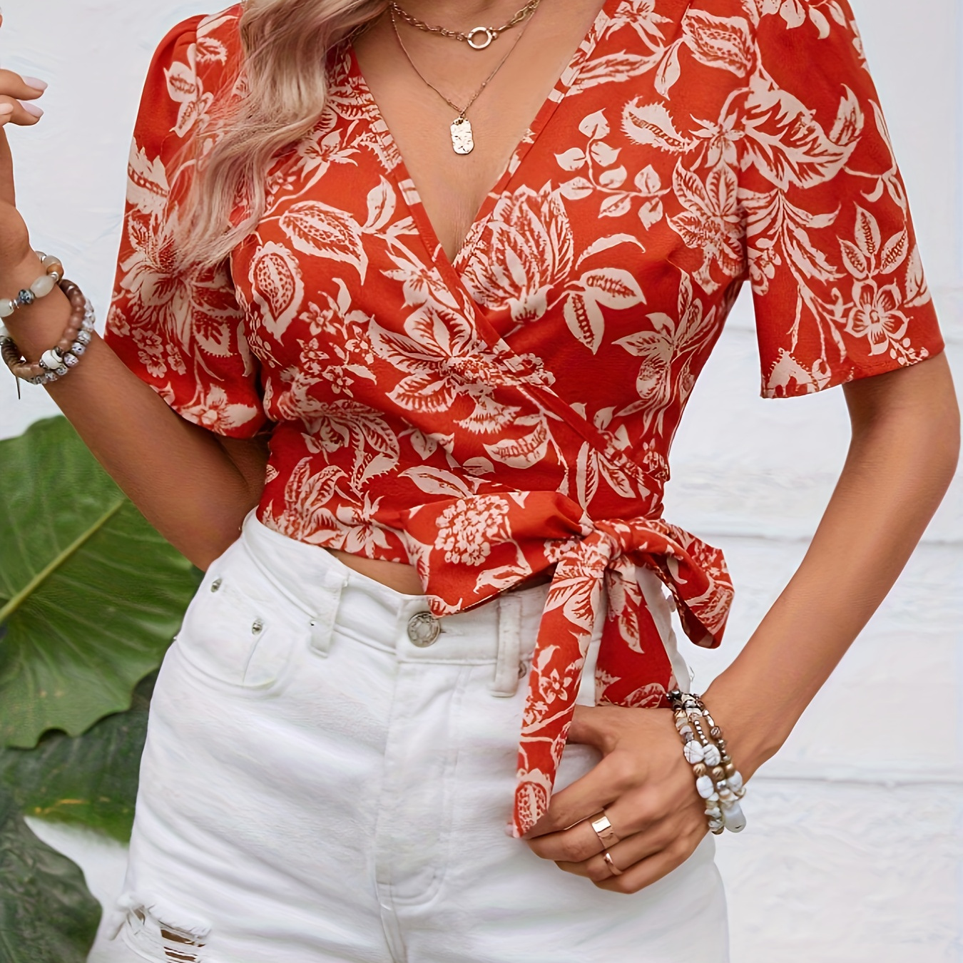 

Floral Print Surplice Neck Blouse, Casual Short Sleeve Tie Side Blouse, Women's Clothing