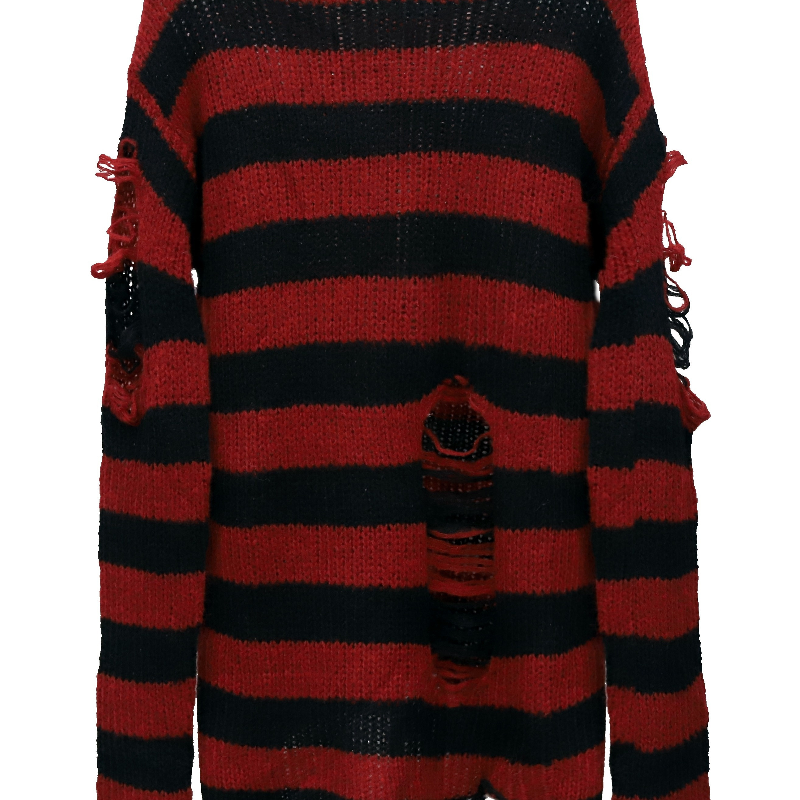 

Gothic Striped Ripped Pullover Sweater, Y2k Long Sleeve Mid Length Loose Sweater, Women's Clothing