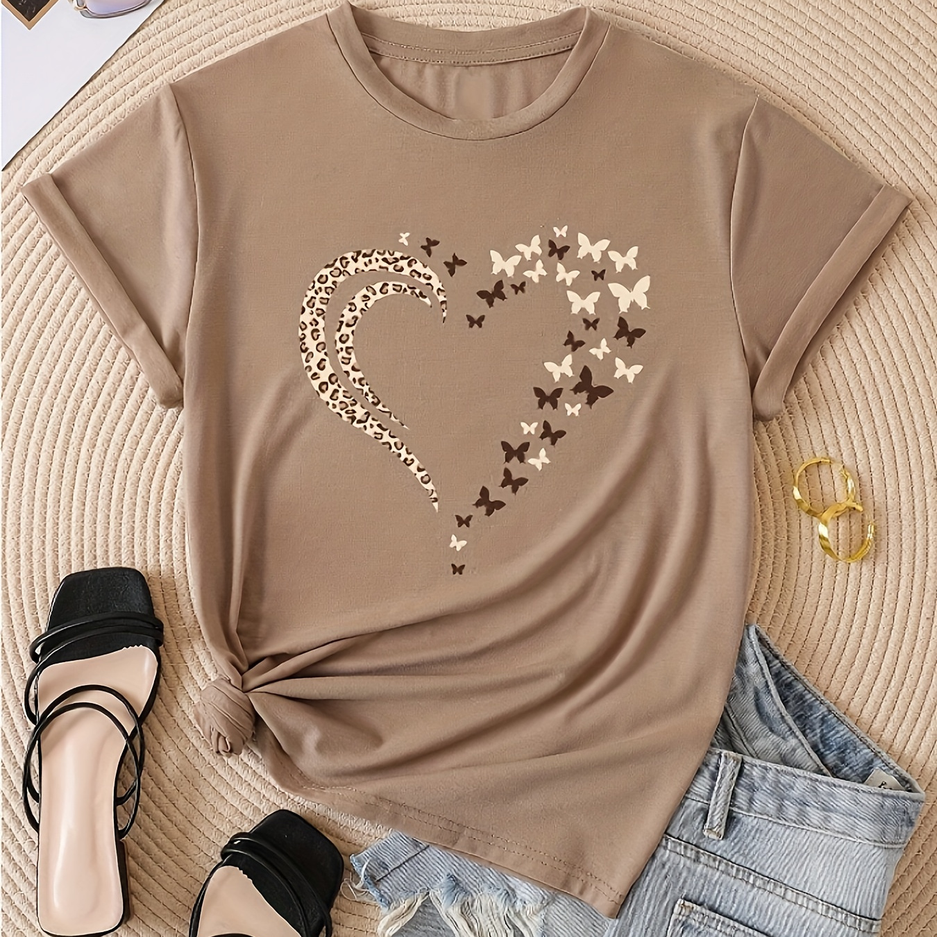 

Leopard Heart & Butterfly Print Casual T-shirt, Crew Neck Short Sleeve Top For Spring & Summer, Women's Clothing