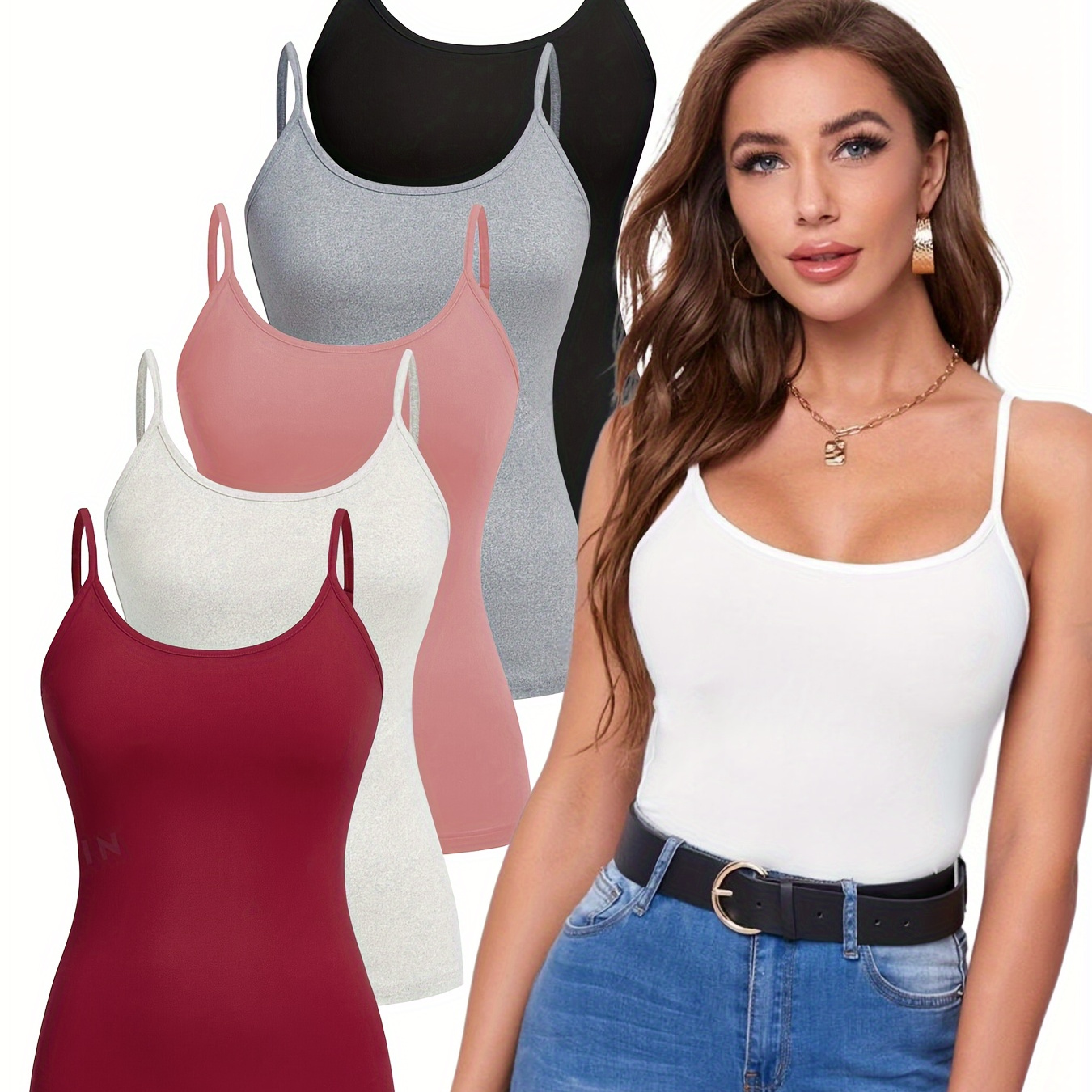 

5 Pack Solid Color Cami Top, Versatile Slim Spaghetti Strap Top For Summer, Women's Clothing