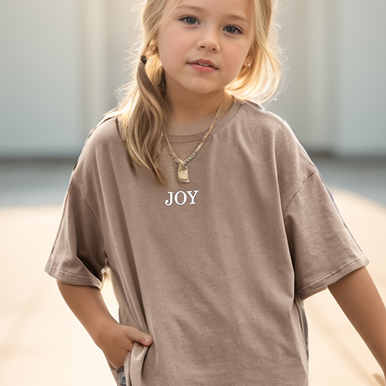 

Joy Print Solid Color Drop Shoulder Short Sleeve Crew Neck T-shirt, Casual Loose Fit Thin Tee Comfy Summer Tops, Girls' Clothing