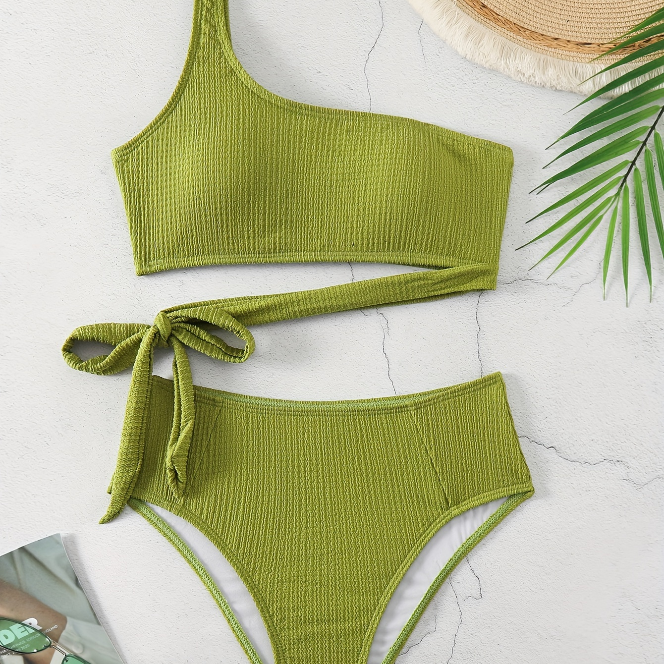 

Textured Fabric Plain Green 2 Piece Set Bikini, Asymmetric 1 Shoulder Knot Side Stretchy Swimsuits, Women's Swimwear & Clothing
