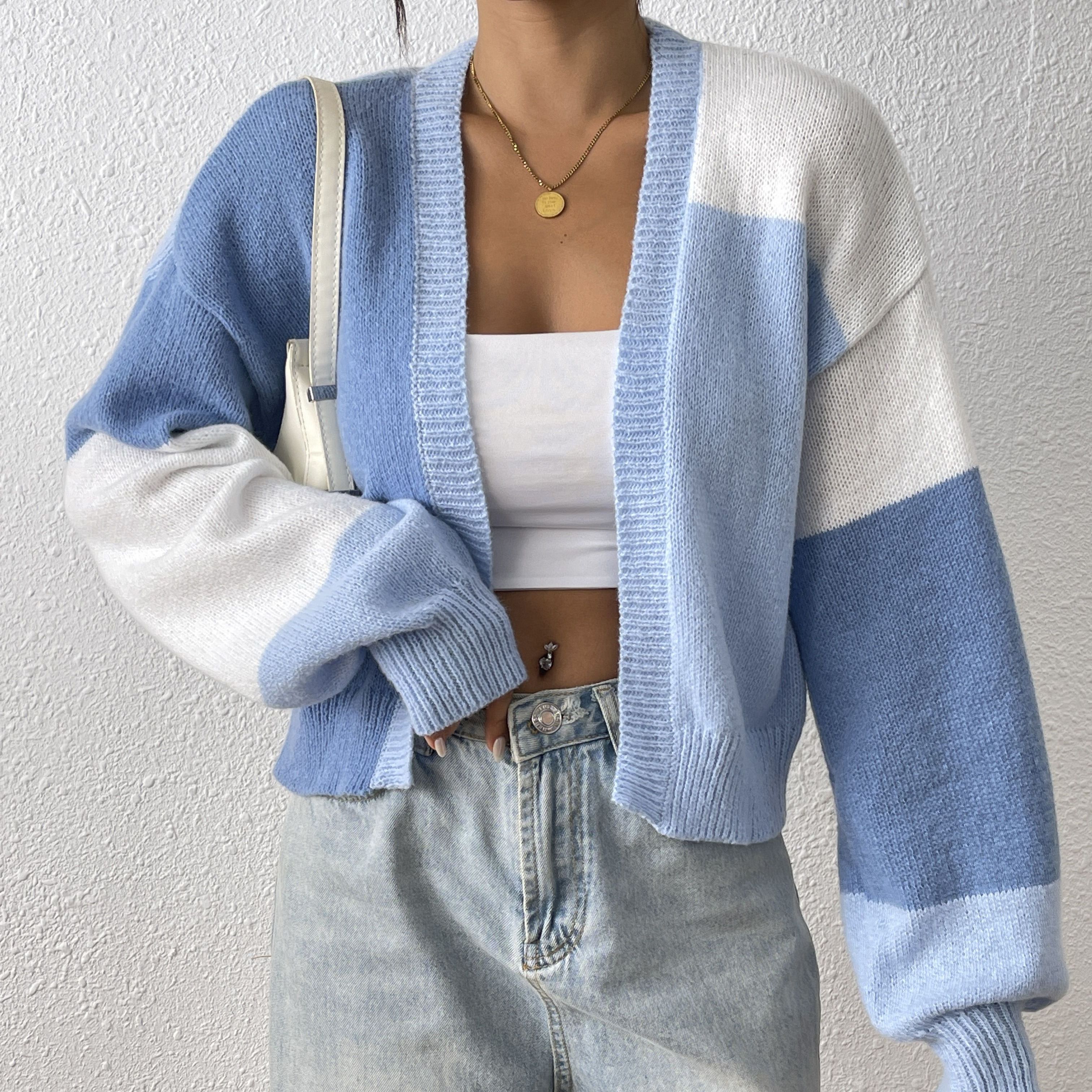 

Pull Cardigan Ouvert Devant, Élégant Cardigan Court à Manches Longues Tombantes, Vêtements pour Femmes