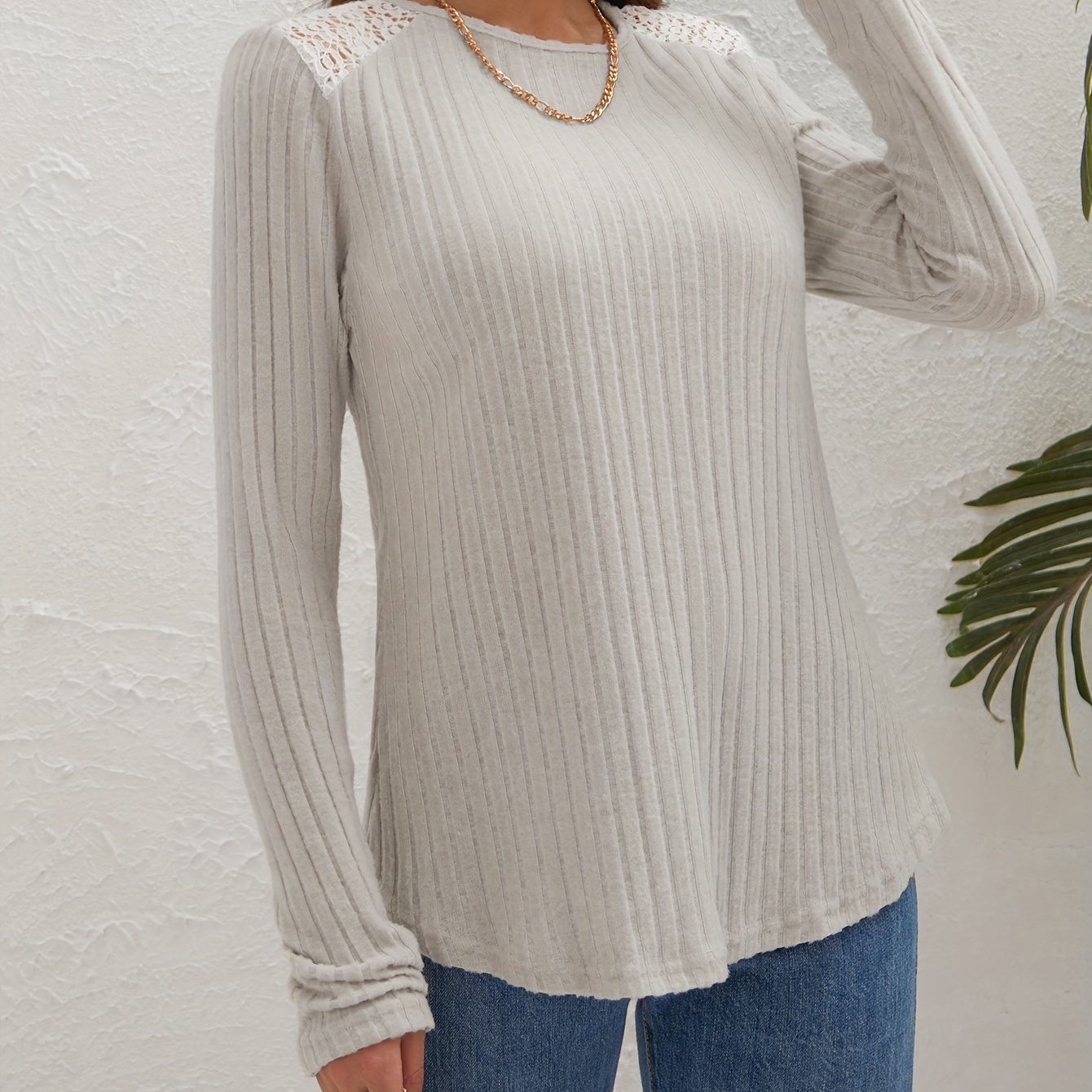 

Ribbed Knit Lace Decor Top, Versatile Crew Neck Long Sleeve Top For Spring & Fall, Women's Clothing