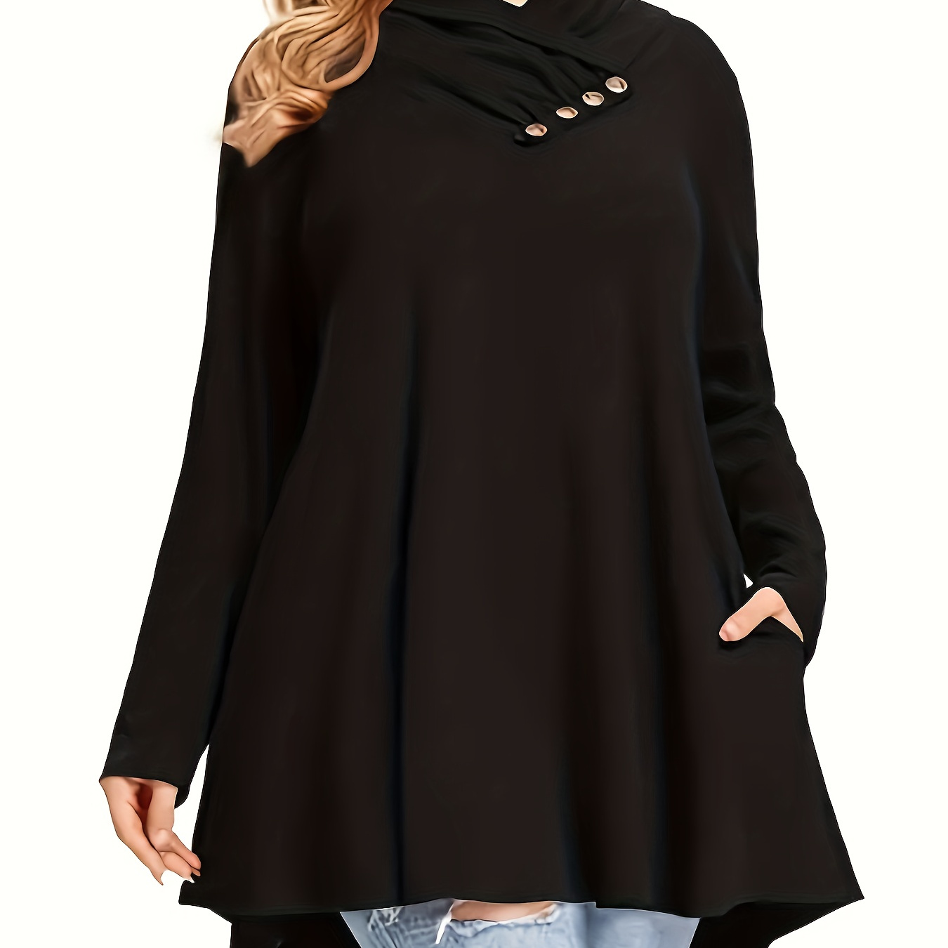 

Elegant Solid Color V-neck Tunic Top With Button Detail - Long Sleeve, Loose Fit, Machine Washable - Spring & Fall