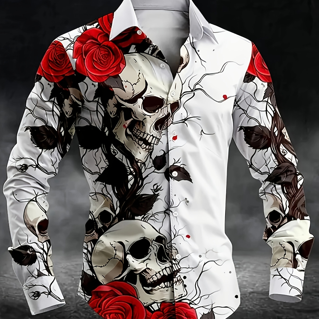 

Men's 3d Skull And Rose Print Long Sleeve Shirt - Casual, Ideal For Weekend , Autumn/winter