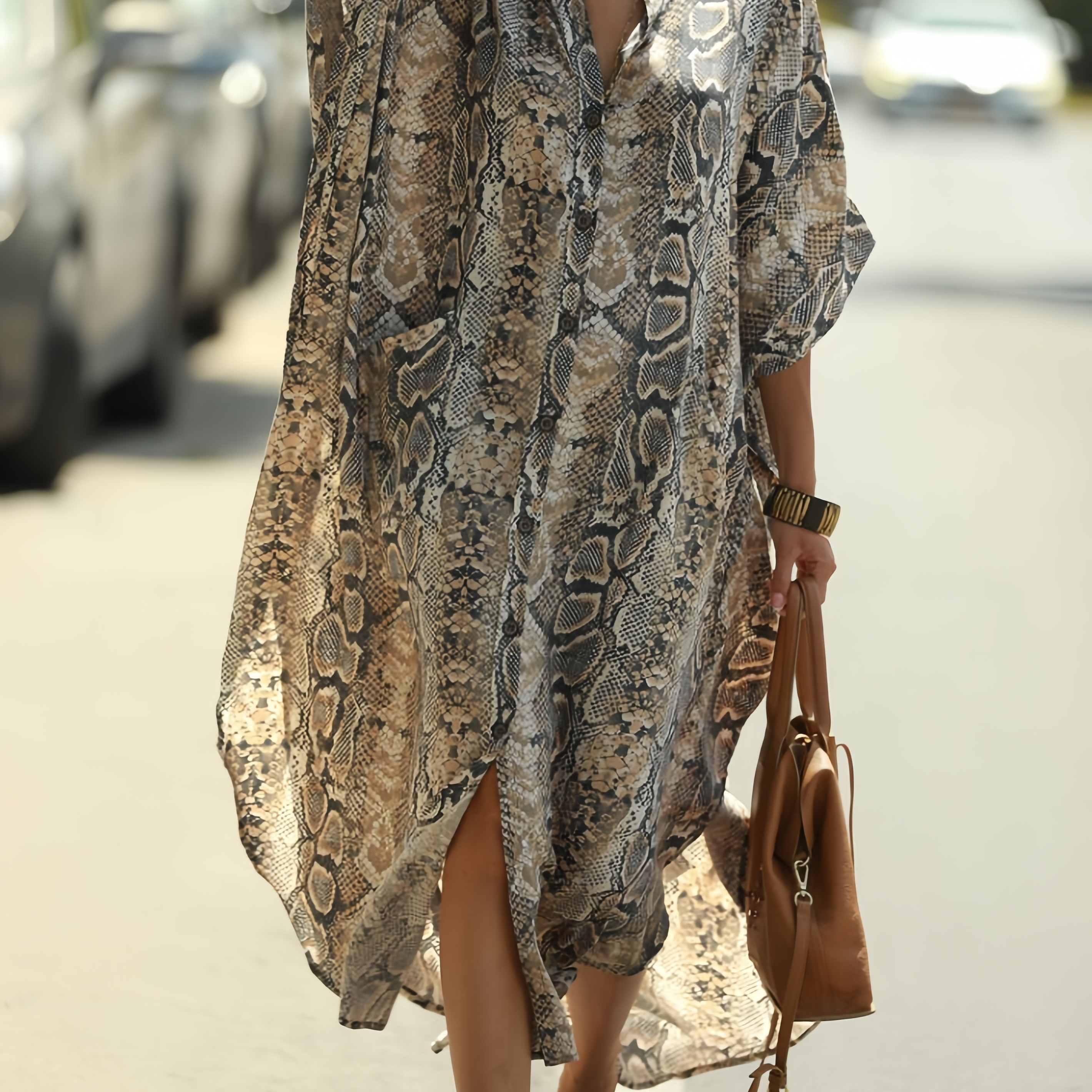 

Edolynsa Plus Size Snake Print Beach Cover-up Dress - Casual V-neck, Short Sleeve With Pockets For Women