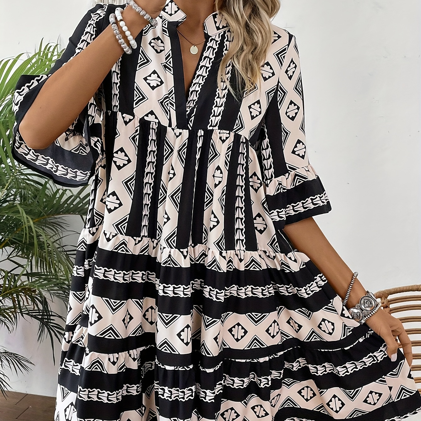 

Ethnic Geo Print V-neck Dress, Vacation Style Short Sleeve Trapeze Dress For Spring & Summer, Women's Clothing