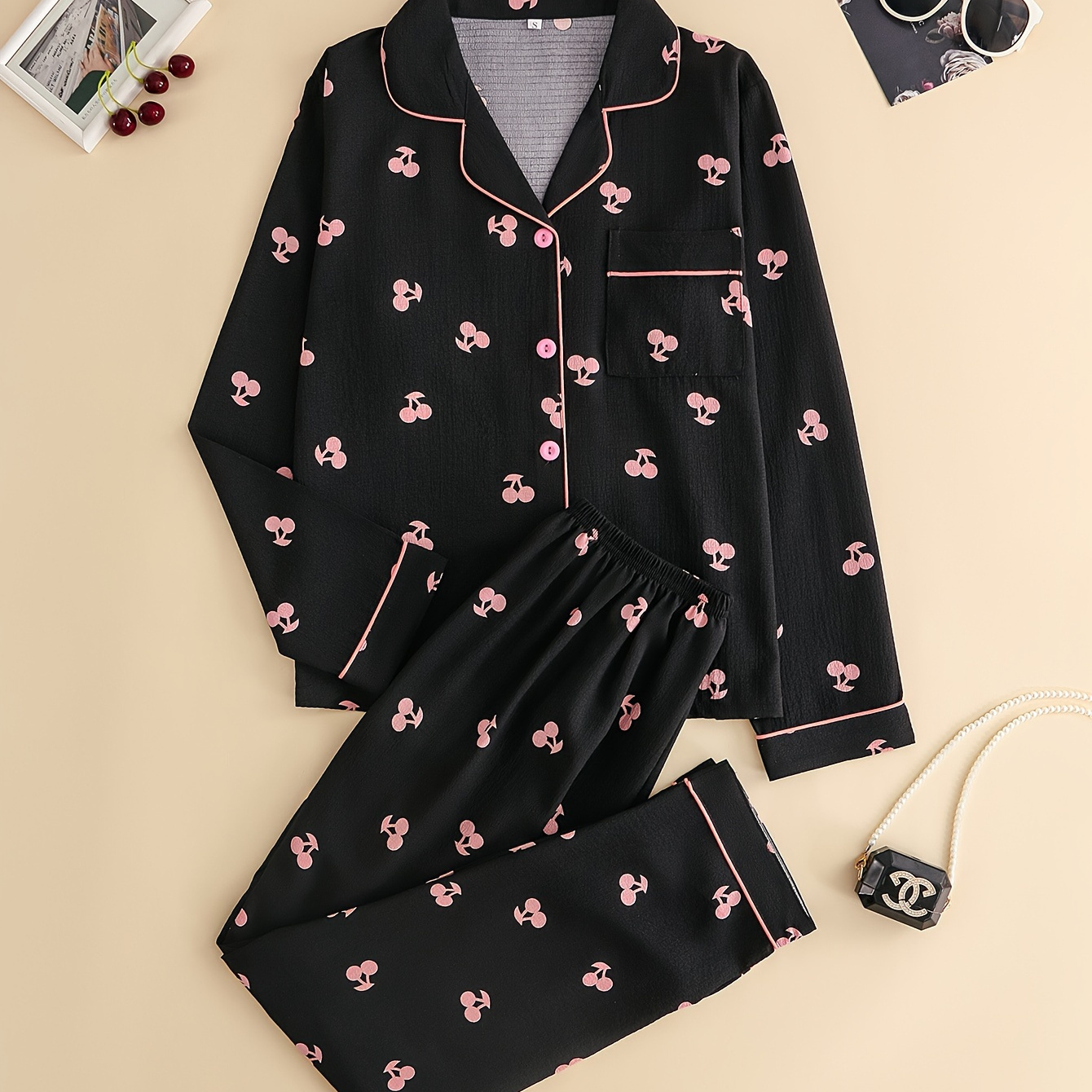 

1set Elegant Women's Pajama Set - Long Sleeve Cherry Print Top With Collar And Button, Loose Pants, Polyester (100% Polyester) Woven Fabric, Suitable For All