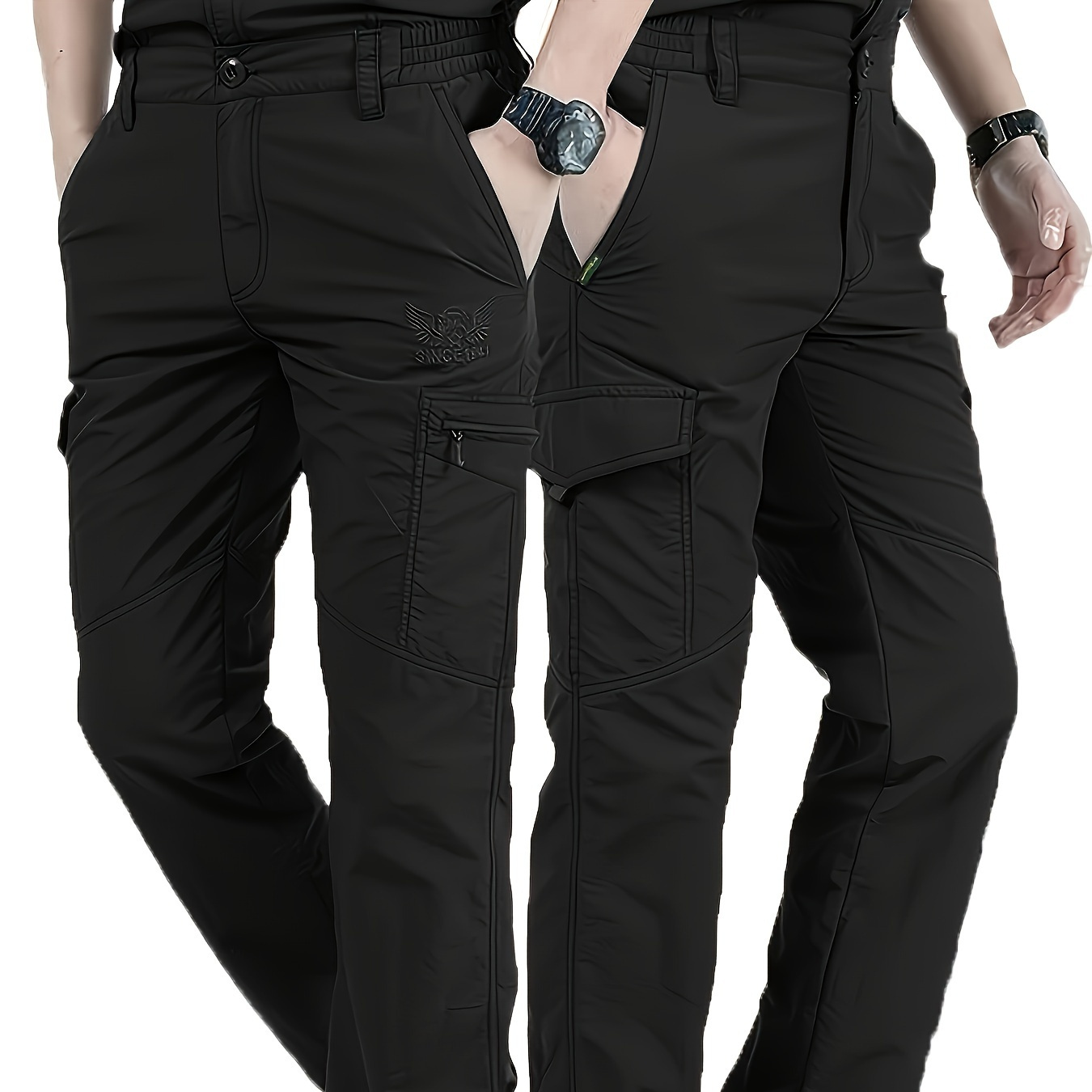 

1 pantalon cargo multipoches décontracté pour homme, polyamide non extensible, couleur unie brodée, coupe regular, zippée, tissé, pour la randonnée toutes et les en .