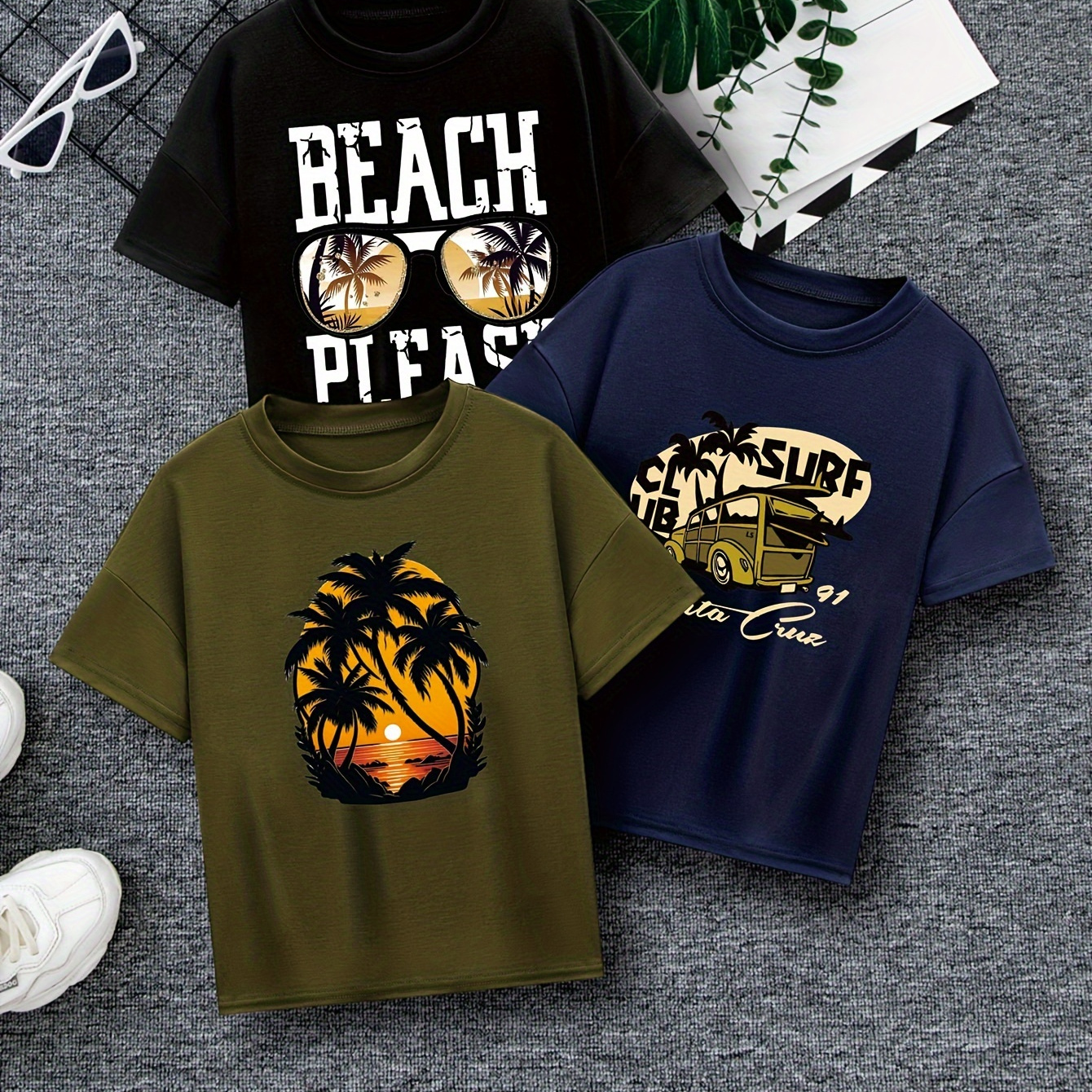 

3pcs Beach Theme Print Casual Short Sleeve T-shirt For Boys, Cool Comfy Boxy Loose Fitting Versatile Trendy Graphic Tee Boys Summer Outfits Clothes