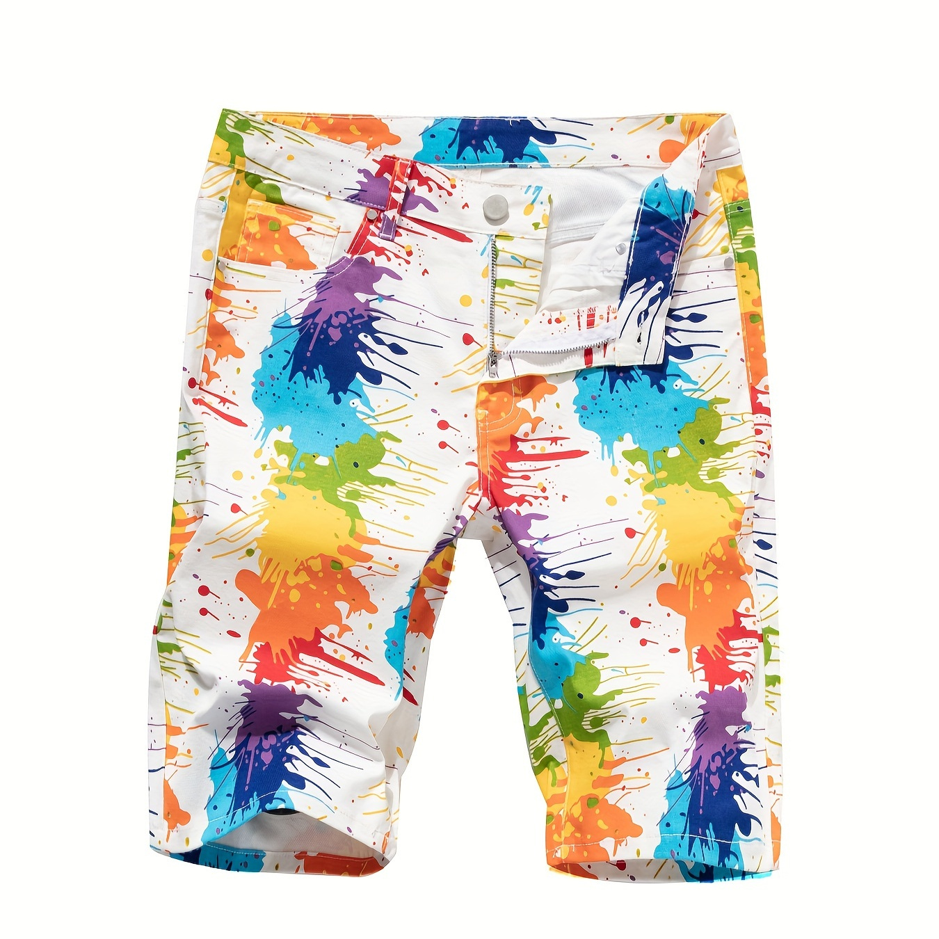 

Men's Chic Splash Colorful Pattern Design Cotton Blend Ripped Slim Fit Jorts, Street Style Summer Bottoms For Men