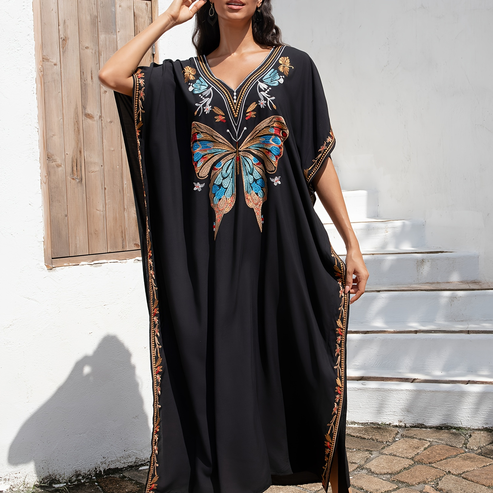 

Embroidered Plus Size Women's Dress: Kaftan Style Beach Cover Up Dress With - Plus Size Swimsuit Cover Up Protection Holiday Dress - Q1738