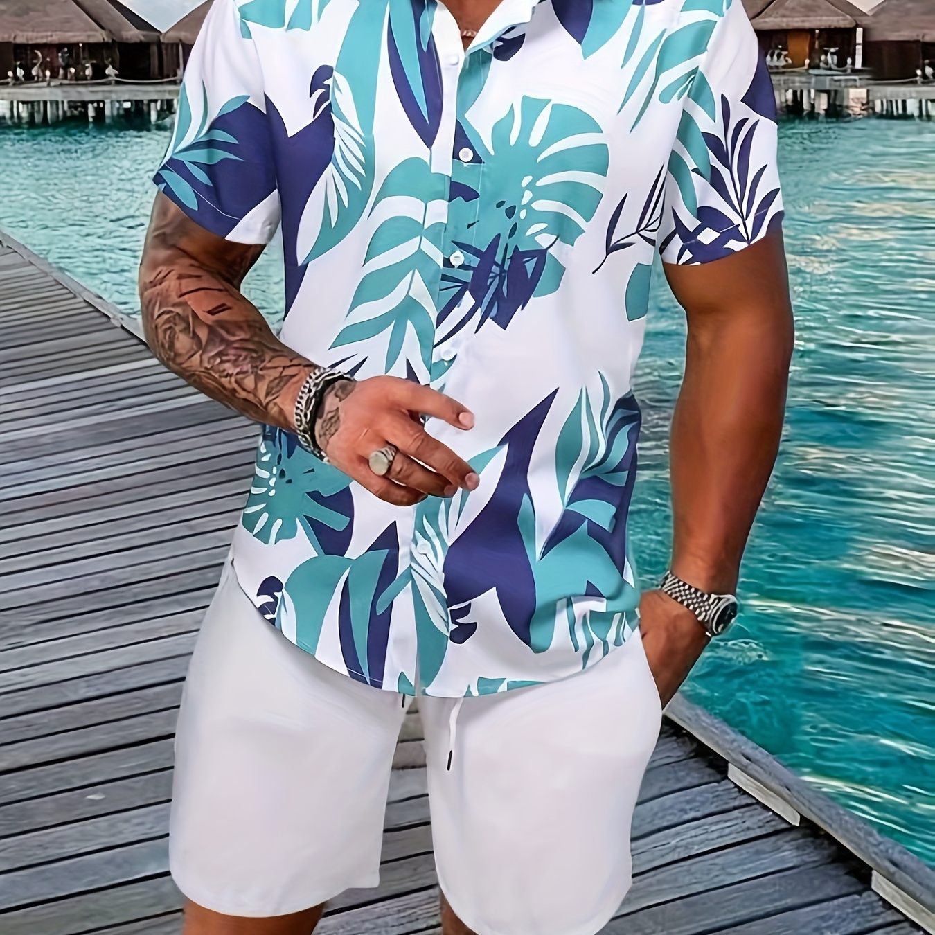 

Men's Trendy Hawaiian Lapel Collar Graphic Shirt With Stylish Leaf Print For Summer Vacation And Casual Wear