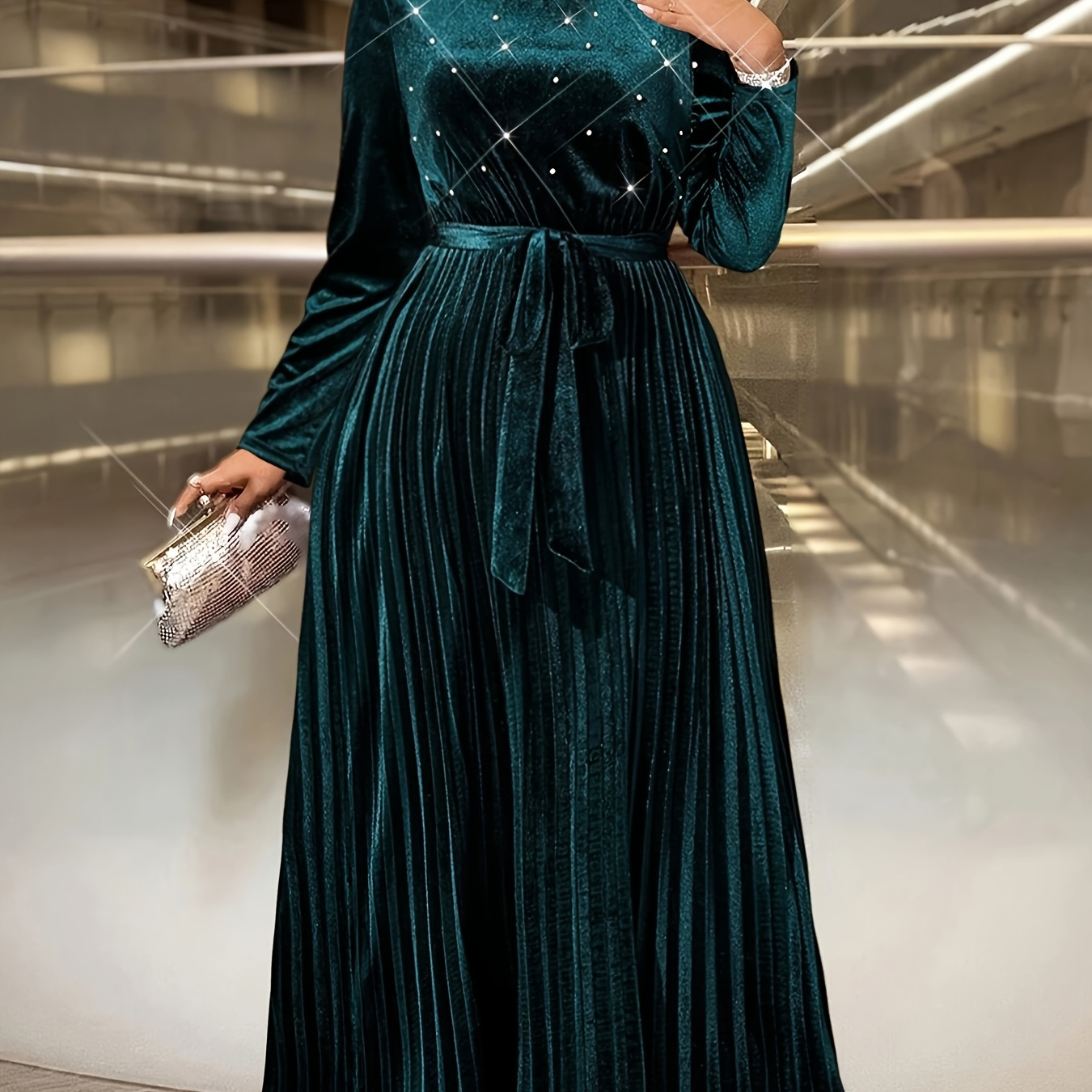 

Elegant Velvet Midi Dress With Pearl Accents - Stretchy, Crew Neck, Long Sleeve - All - Women'