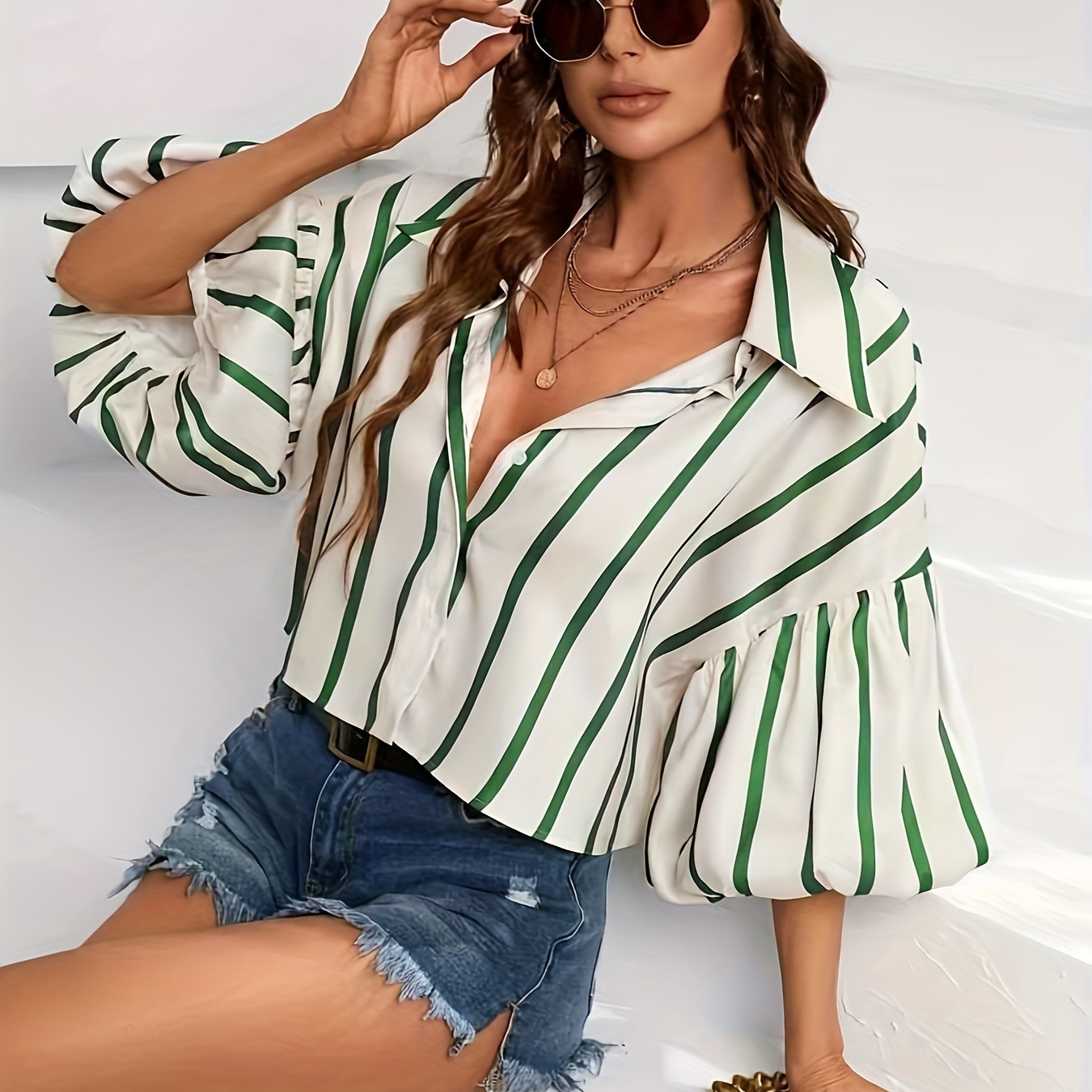 

Striped Button Front Shirt, Elegant Puff Sleeve Lapel Collar Shirt For Spring & Summer, Women's Clothing