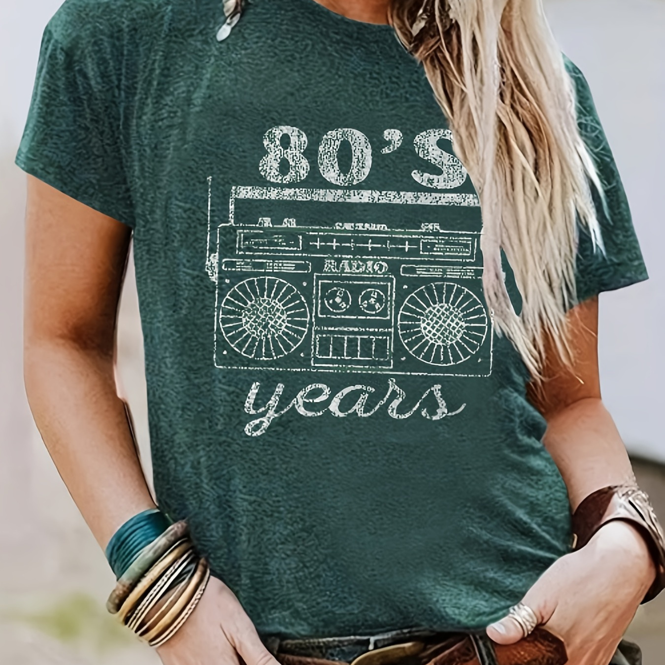

Letter & Radio Print T-shirt, Casual Crew Neck Short Sleeve T-shirt For Spring & Summer, Women's Clothing