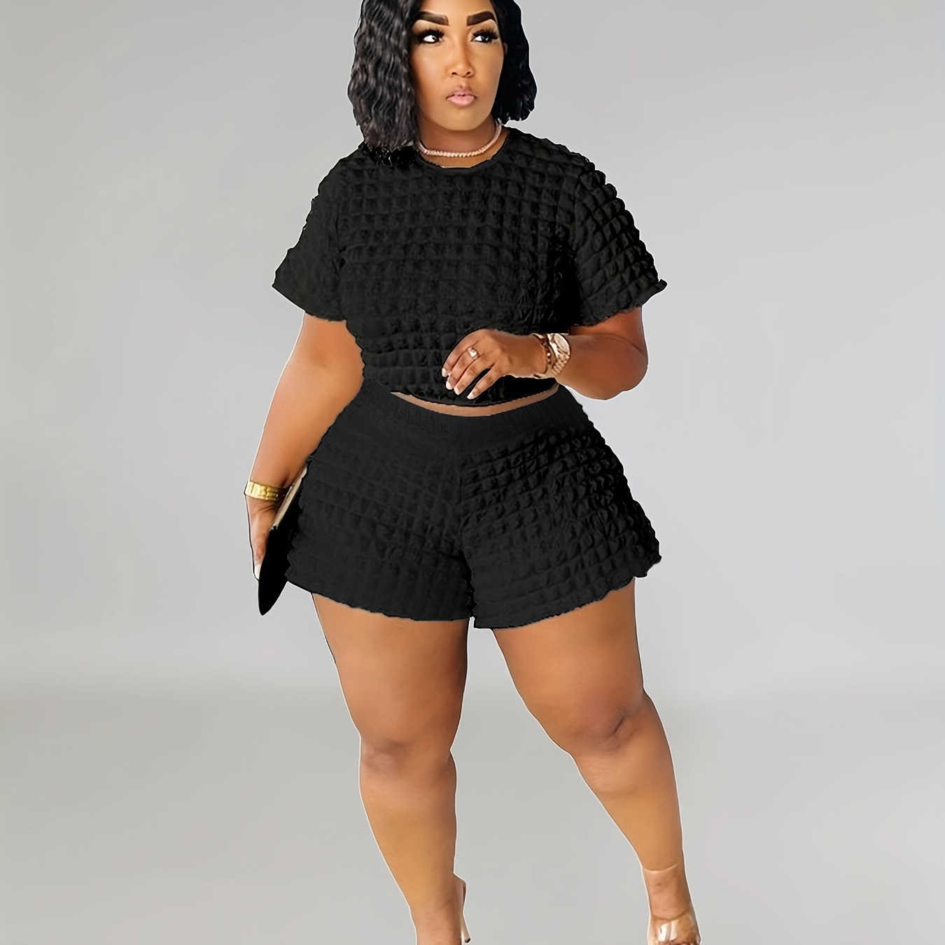 Plus Size Casual Outfits Set, Women's Plus Puff Textured Short Sleeve Crop Top & Shorts Outfits Two Piece Set