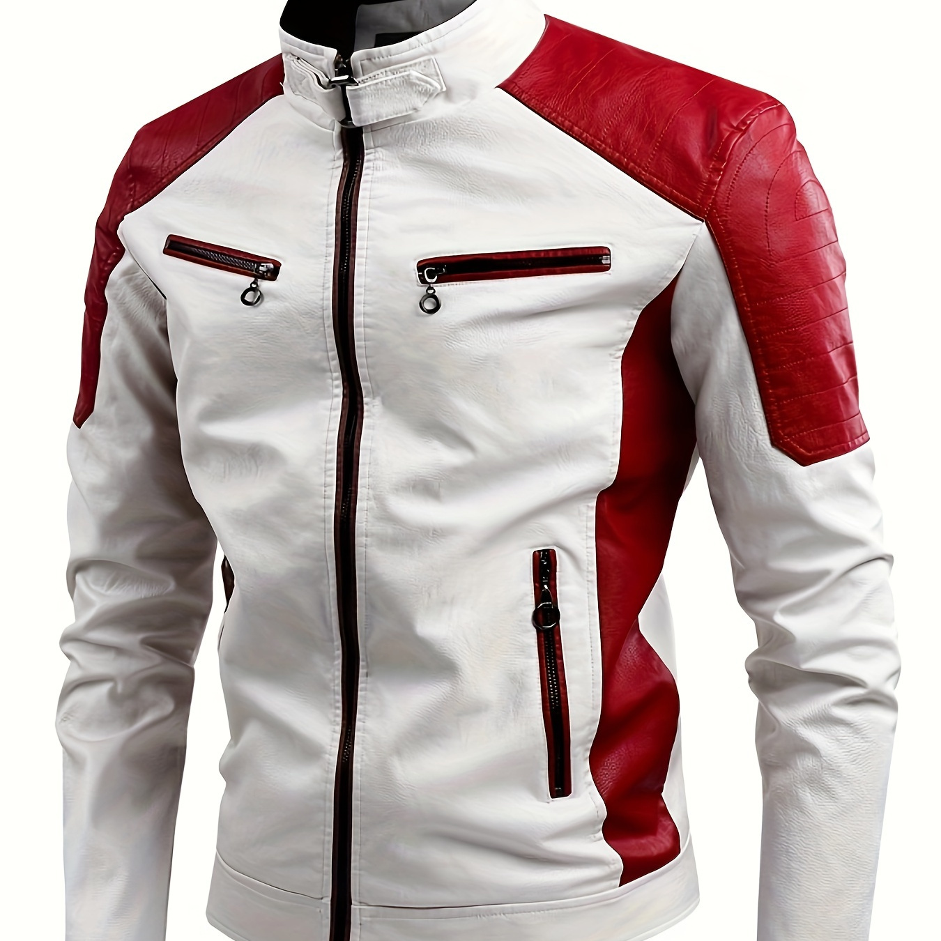 

Men's Pu Leather Color Block Jacket With Multi Zipper Pockets, Casual Stand Collar Zip Up Long Sleeve Outwear For Outdoor