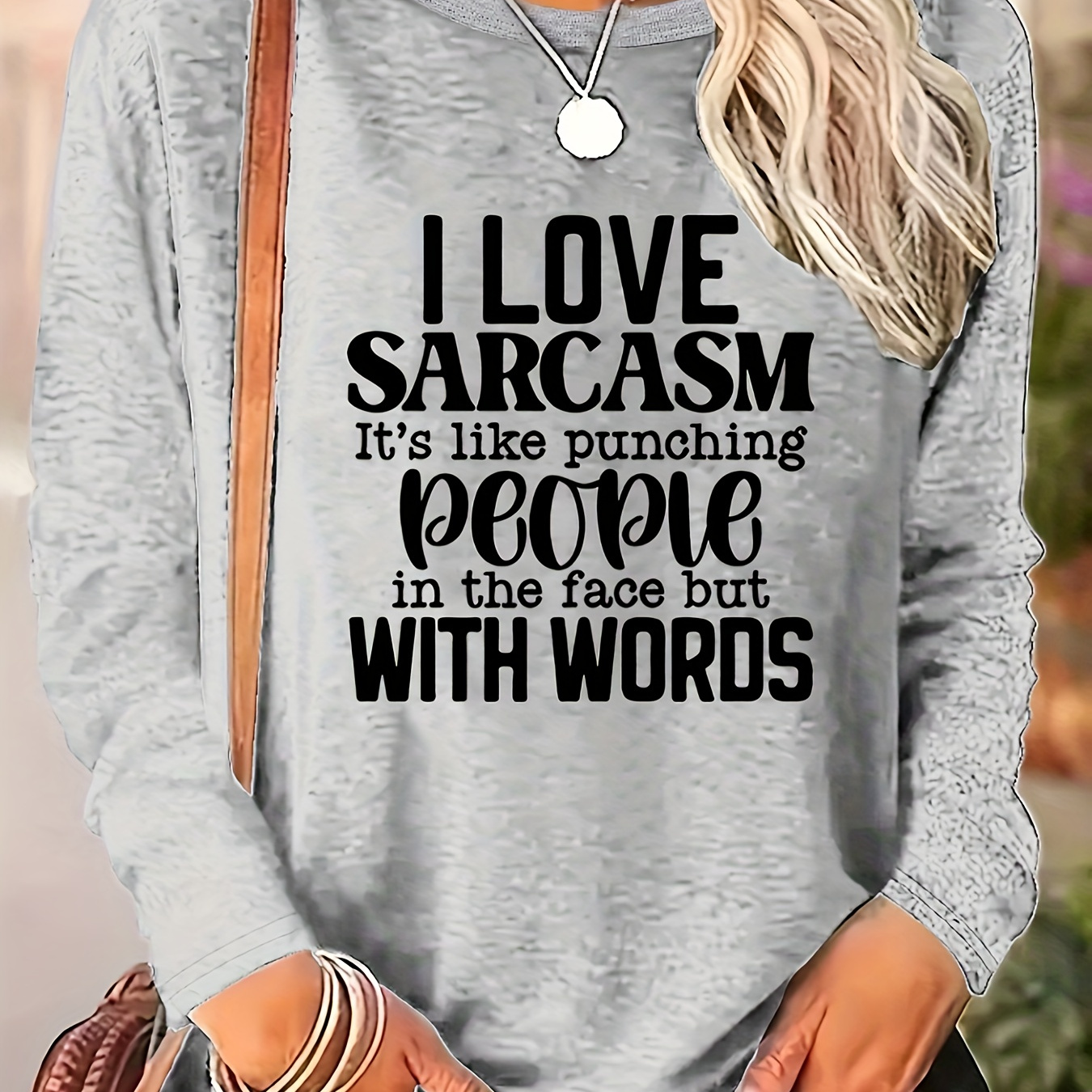 

I Love Sarcasm People" Women's Lightweight Long Sleeve Graphic Tee - Soft, Cool & Casual Round Neck T-shirt, Black With White Letter Print, Polyester , Machine Washable, Cute Shirts