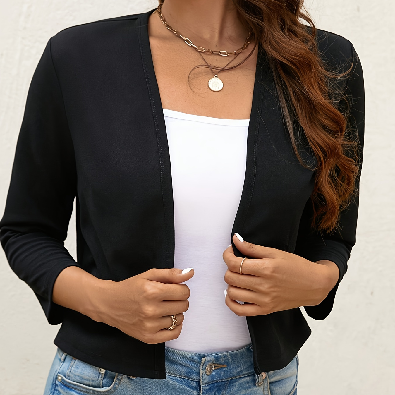 

Plain Color Open Front Blazer, Elegant 3/4 Sleeve Blazer For Spring & Fall, Women's Clothing