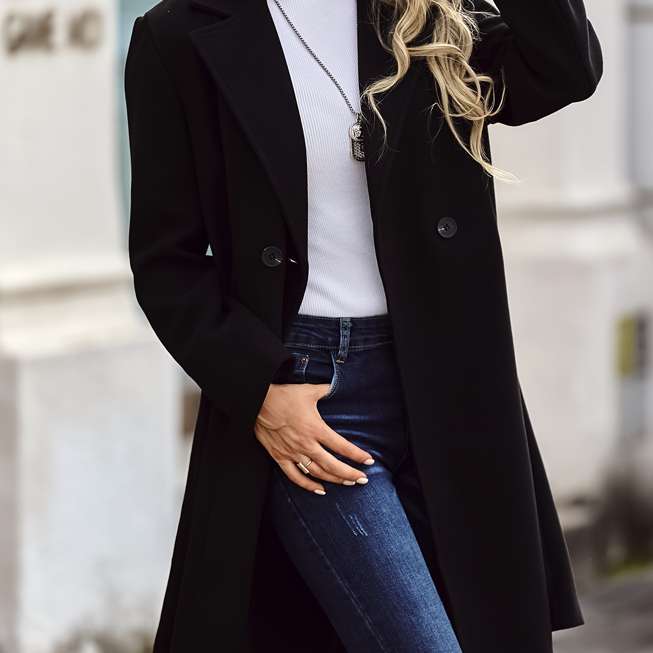 

Solid Double Breasted Lapel Overcoat, Versatile Long Sleeve Swing Thermal Coat, Women's Clothing