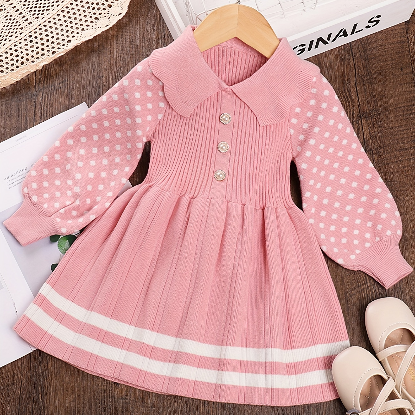 Girls Turn-Down Collar Argyle Pattern Elegant & Preppy Style Long Sleeve Knit Dress For Fall/ Winter