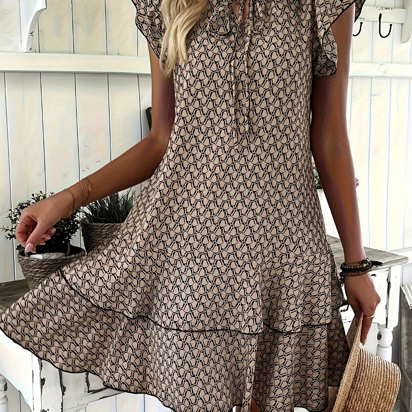 

Allover Print Tie Neck Dress, Vacation Style Short Sleeve Layered Hem A-line Dress For Spring & Summer, Women's Clothing