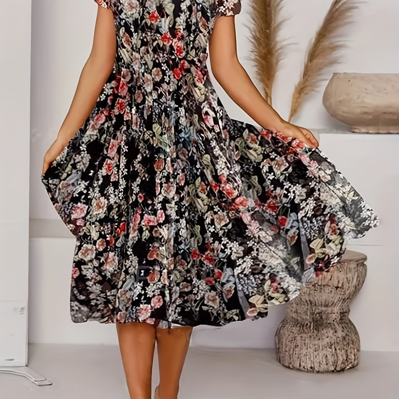

Floral Print Pleated Dress, Vintage Elegant V Neck Short Sleeve Dress, Women's Clothing