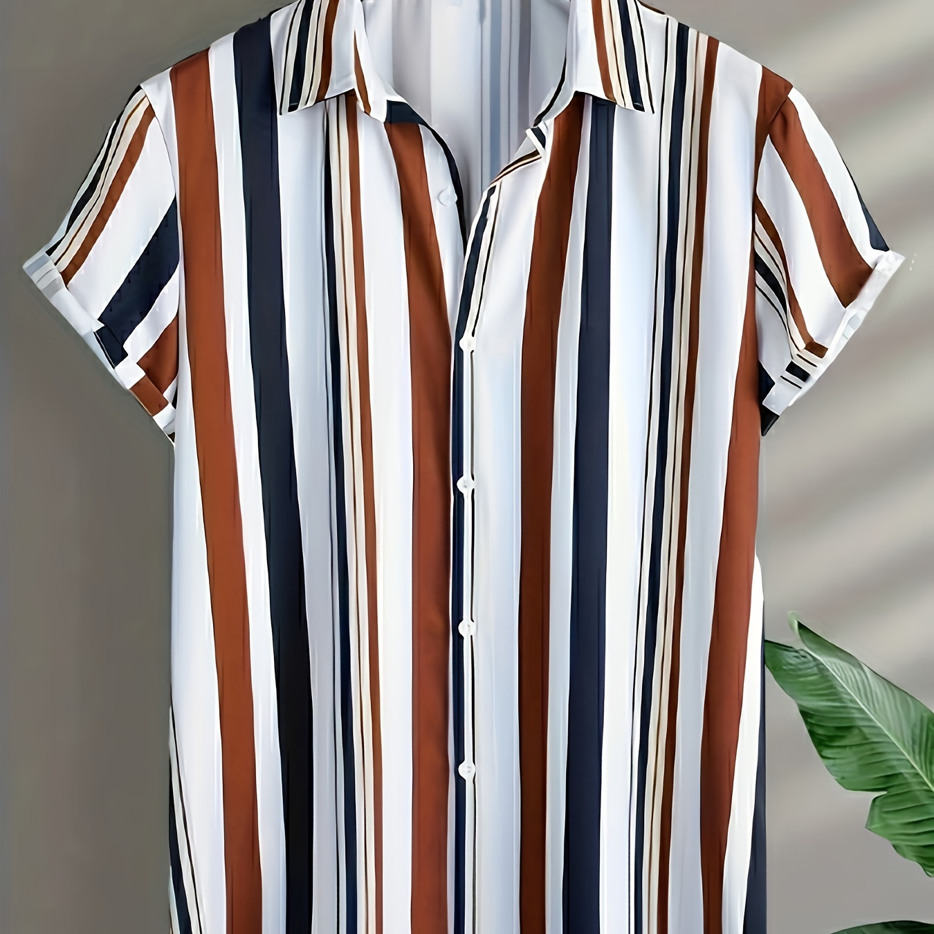 

Color Block Stripe Pattern Men's Short Sleeve Button Down Lapel Shirt For Summer Resort Holiday, Hawaiian Style