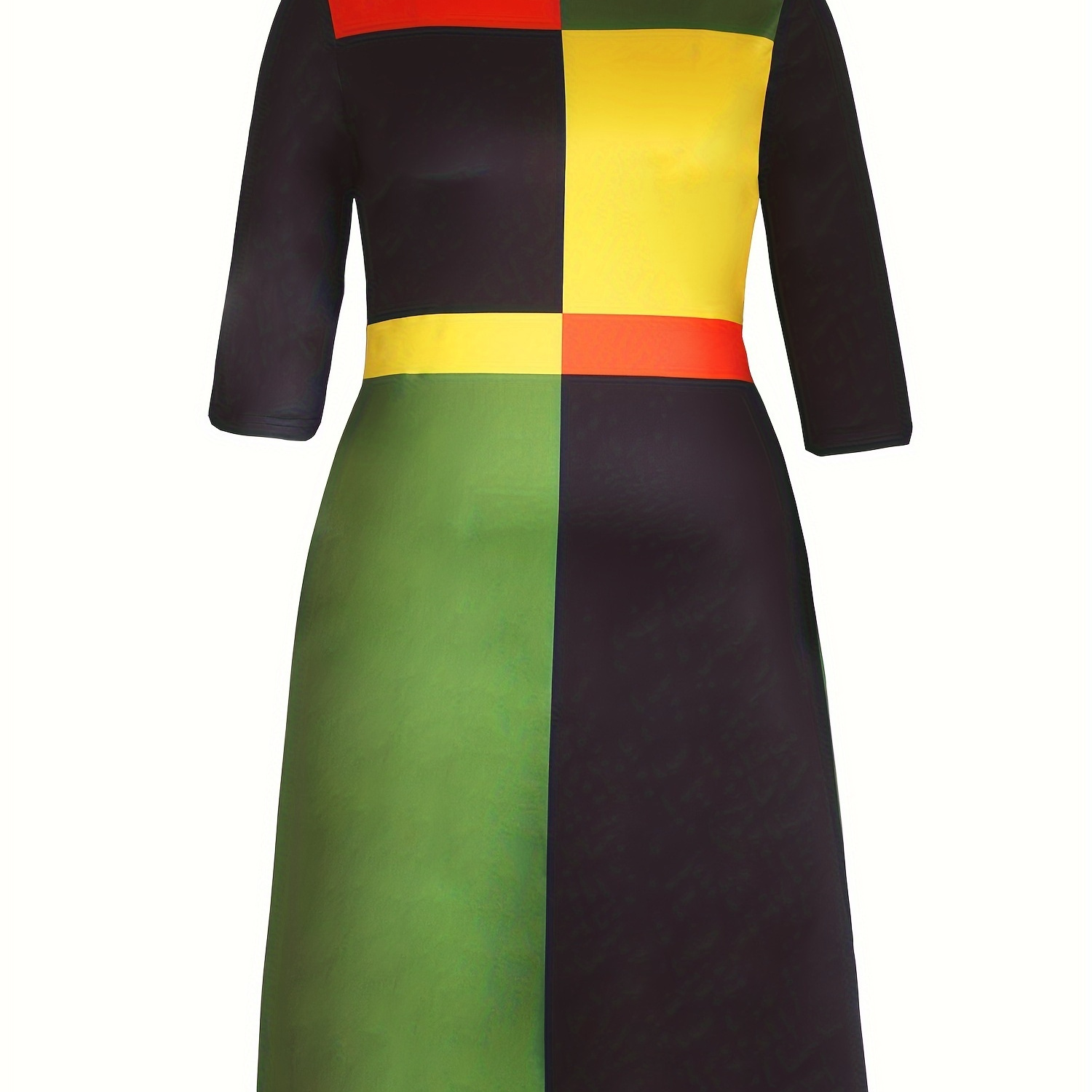 

Plus Size Casual Dress, Women's Plus Colorblock Half Sleeve Crew Neck Midi Dress