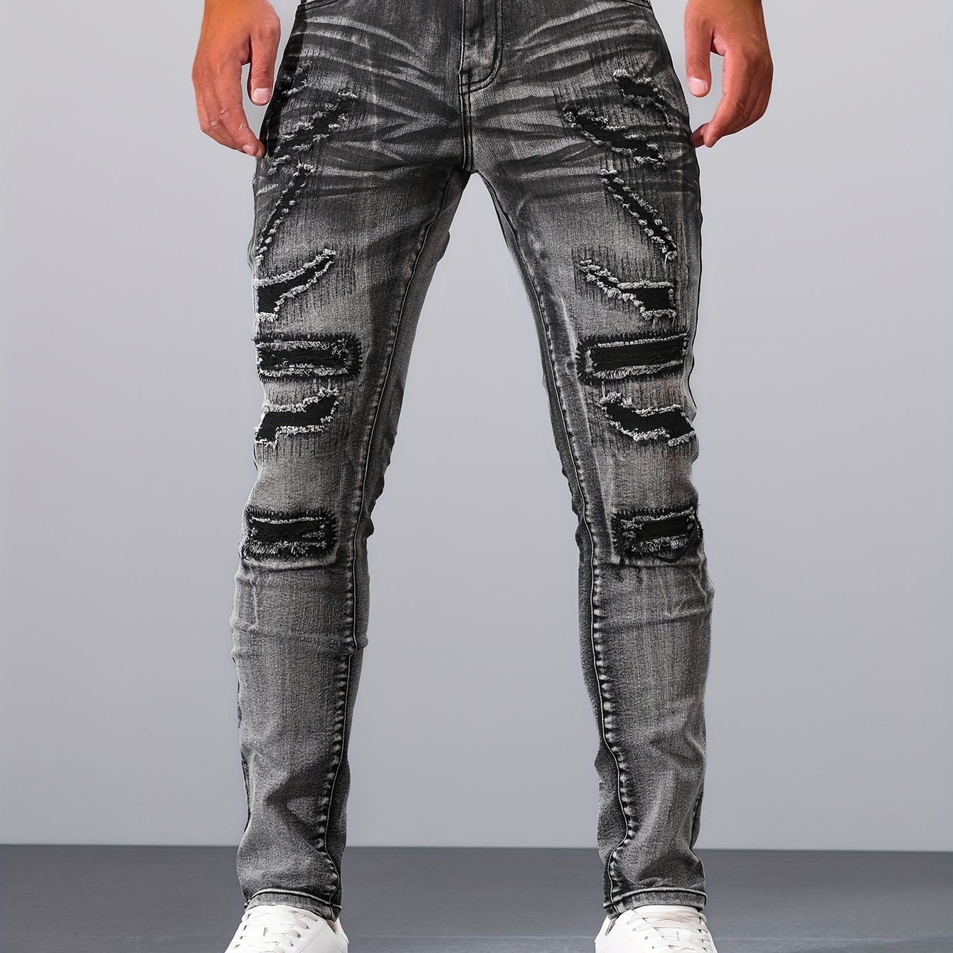 

Men's Casual Ripped Biker Jeans, Chic Street Style Skinny Jeans