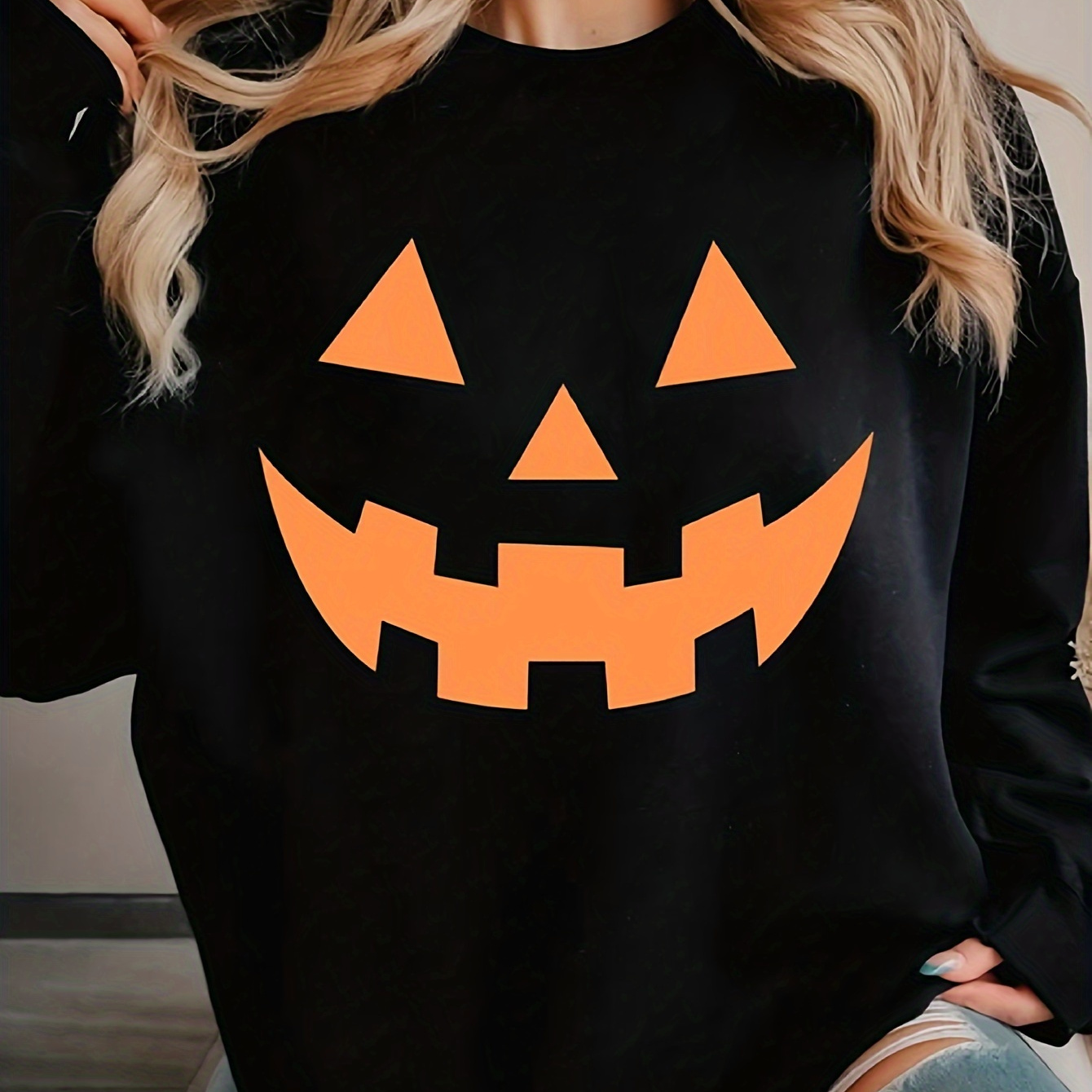 

Pumpkin Face Neck Sweatshirt - Casual Long Sleeve Knit Polyester Pullover For Fall/winter