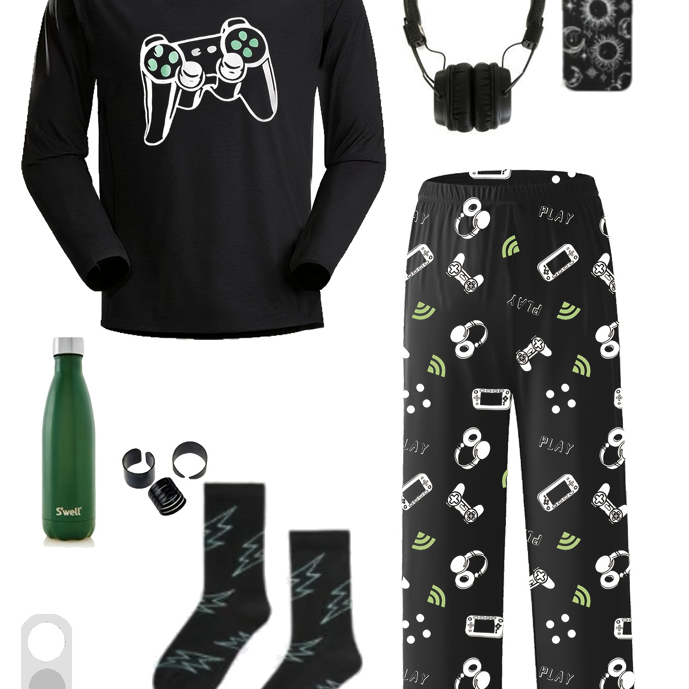 

Boys' Cool Gamer Graphic Pajama Set - Comfy Long Sleeve Top & Stylish Game Controller Print Pants, Soft Polyester , Machine Washable