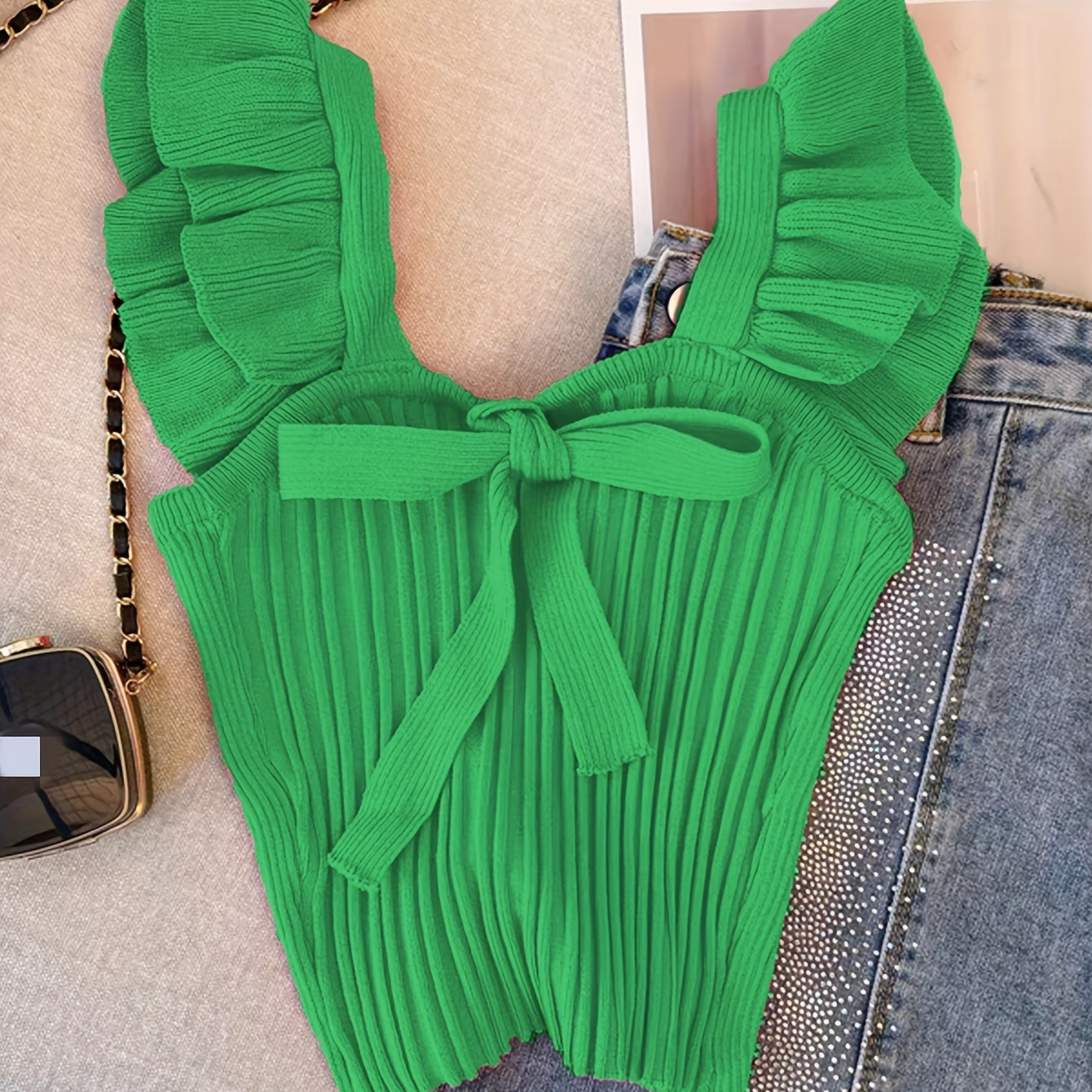 

Elegant Green Ruffle Sleeve Knit Top - Chic Square Neck Bow-front Crop For Women, Spring/summer Fashion, Polyester Knit Fabric, Hand Wash Only