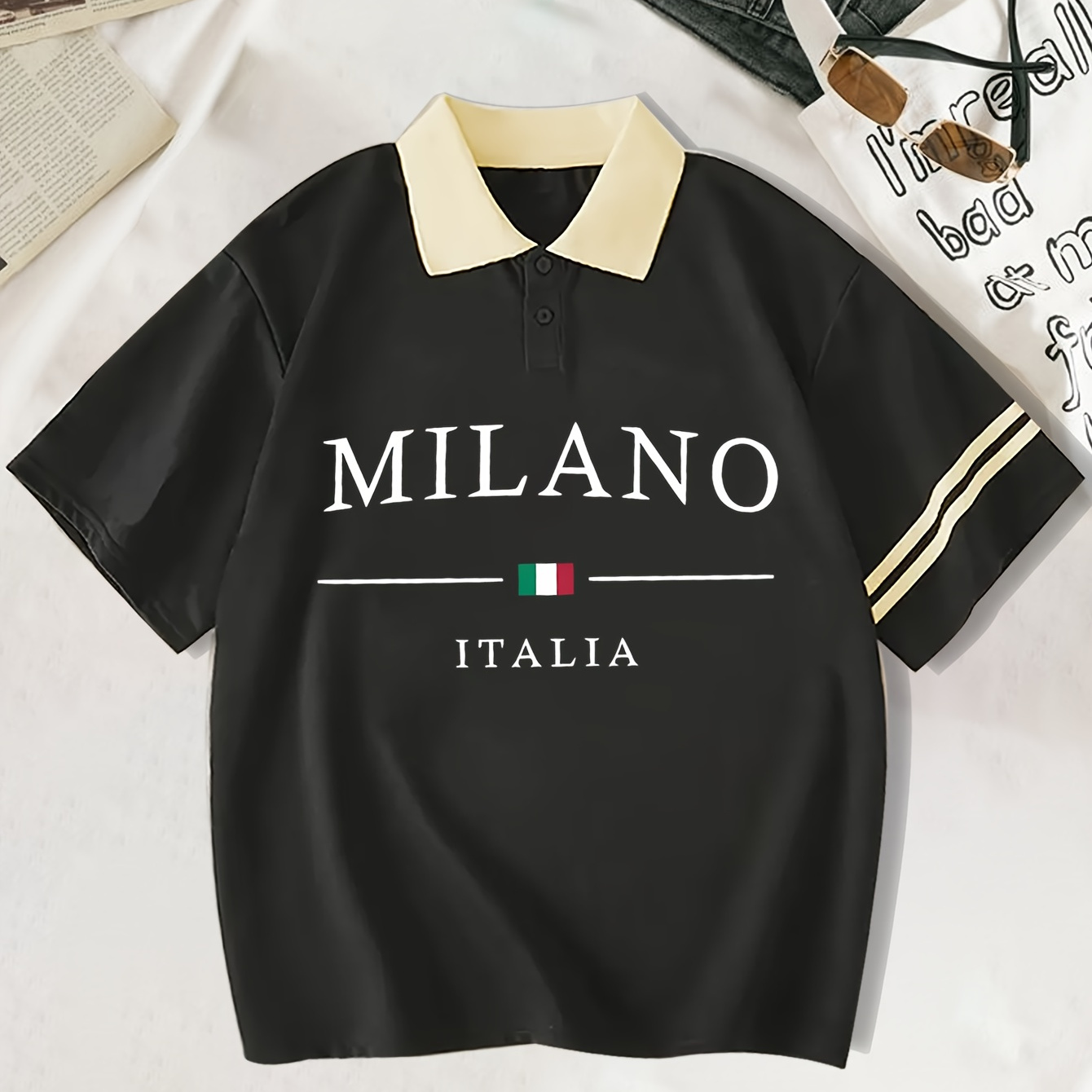 

Print Collared T-shirt, Casual Short Sleeve T-shirt For , Women's Clothing