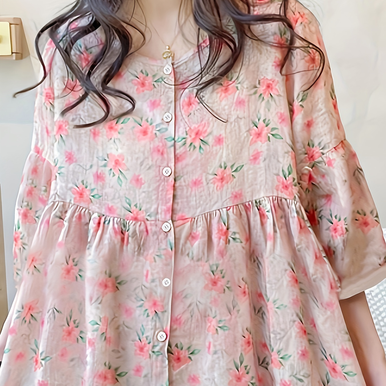 

Floral Print Button Front Blouse, Casual Ruched Puff Sleeve Blouse For Spring & Summer, Women's Clothing