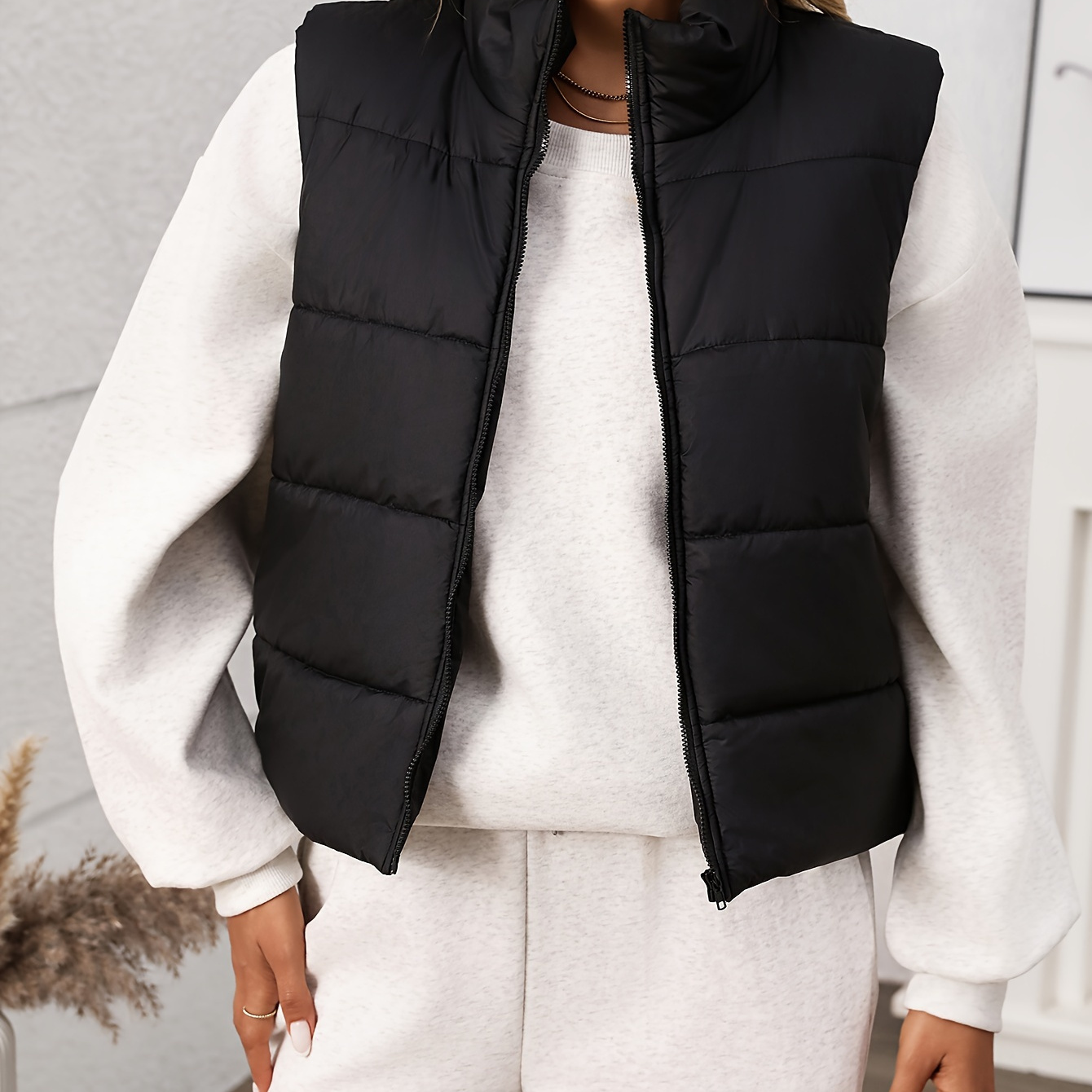 

Gilet en duvet uni à fermeture éclair sur le devant, gilet en duvet manches matelassé décontracté pour et l'hiver, vêtements pour femmes