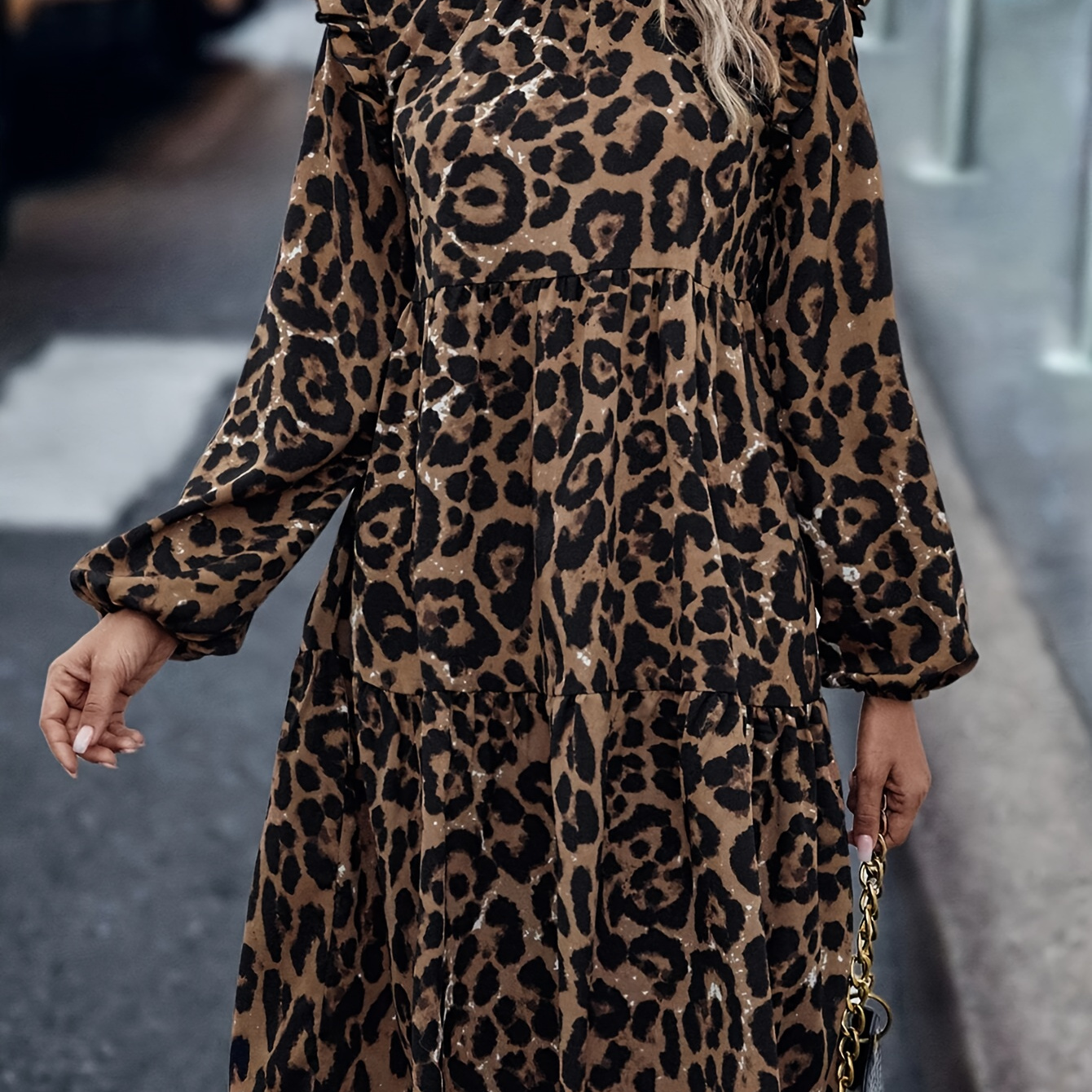 

Leopard Print Ruffle Trim Dress, Elegant Long Sleeve Button Front A-line Dress For Spring & Fall, Women's Clothing