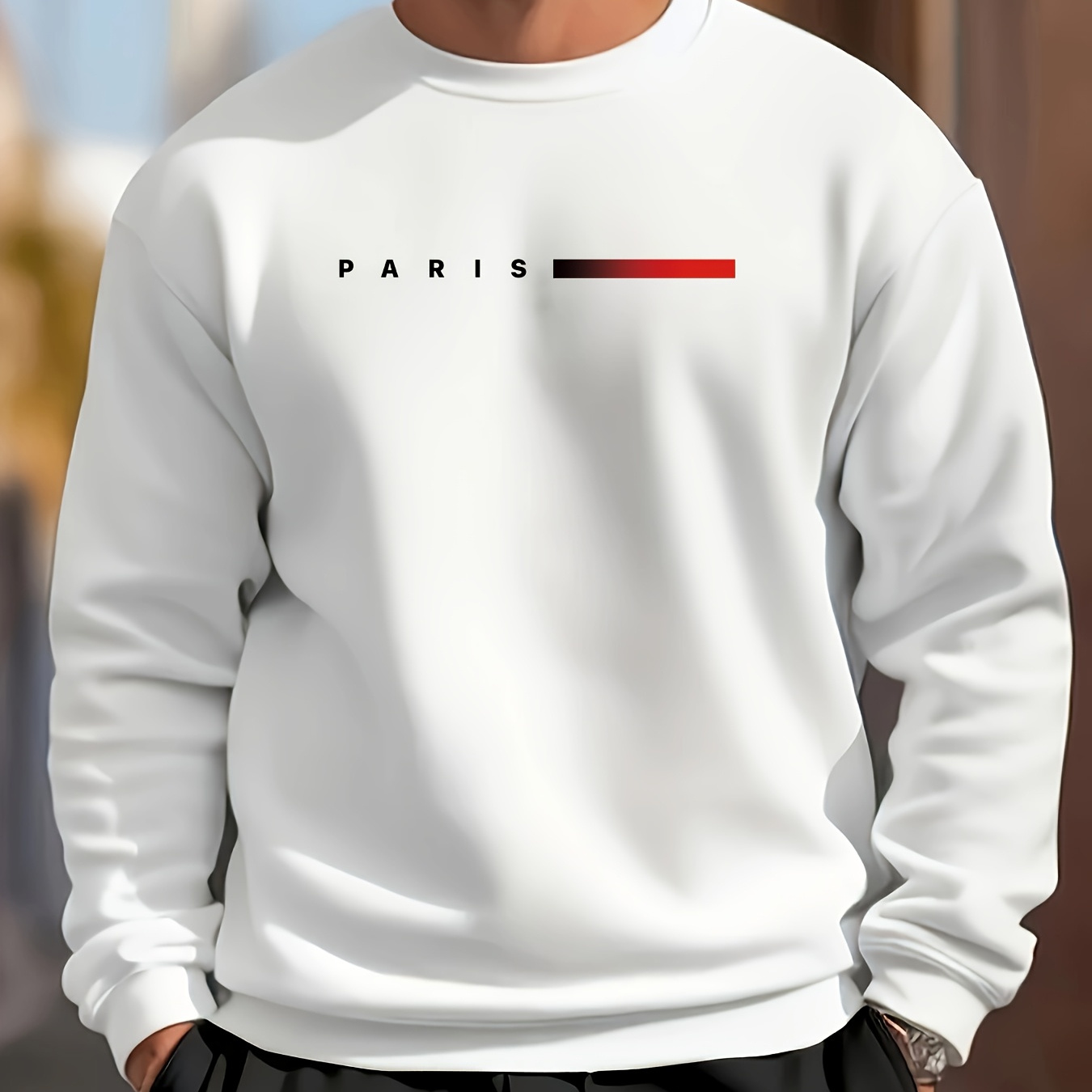 

1pc Mbdmbd Men's Casual Crew Neck Sweatshirt With Paris Print, Polyester Knit Fabric With Stretch, Regular Fit Long Sleeve Pullover