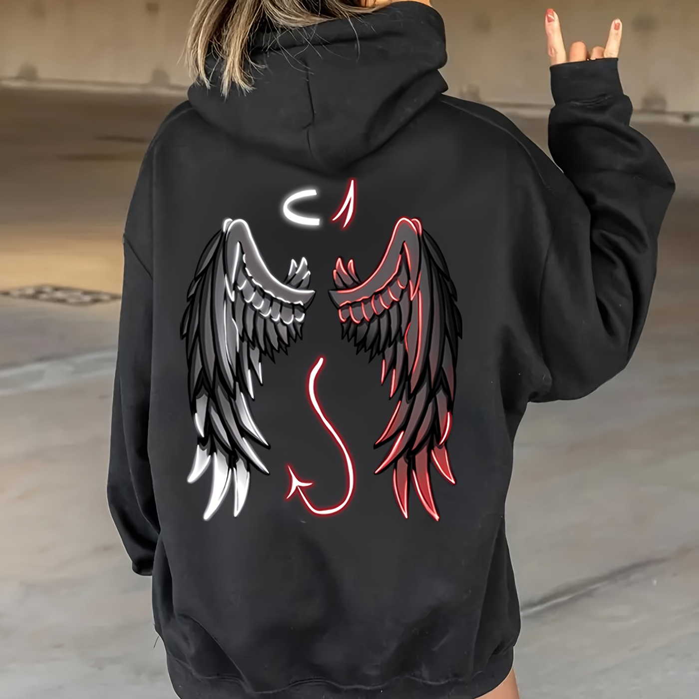 

Wings Print Kangaroo Pocket Hoodie, Casual Long Sleeve Drawstring Hooded Sweatshirt, Women's Clothing